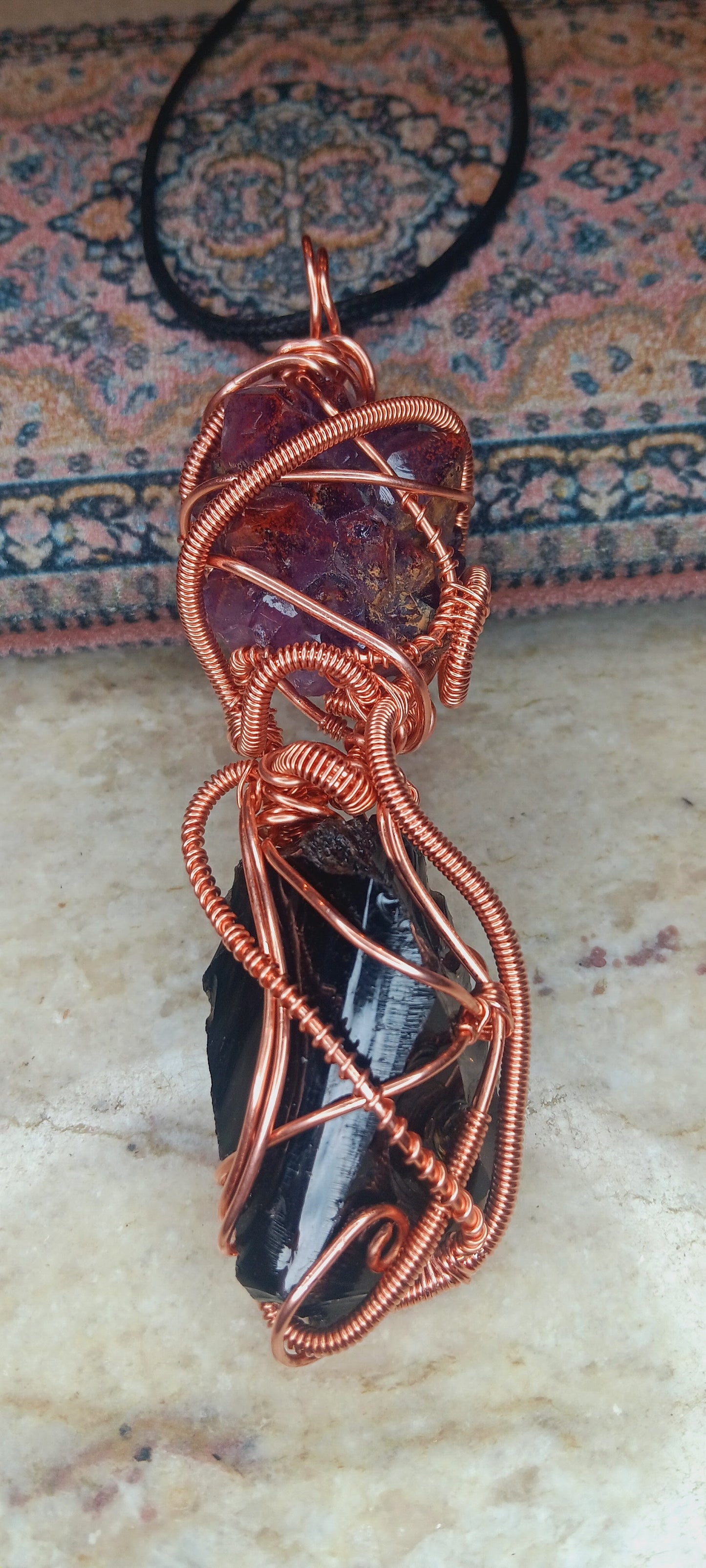 Auralite-23 and Black Obsidian Combination Copper Pendant