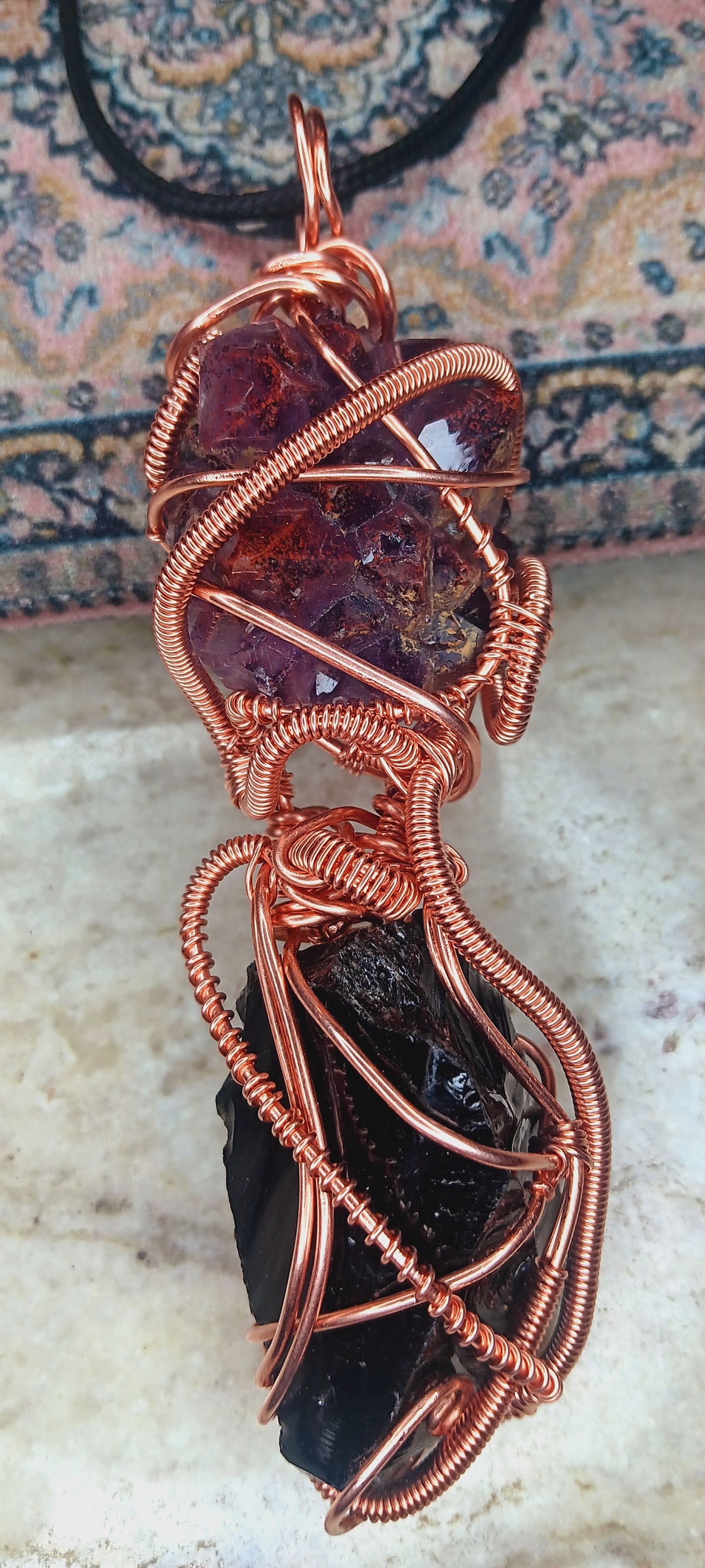 Auralite-23 and Black Obsidian Combination Copper Pendant
