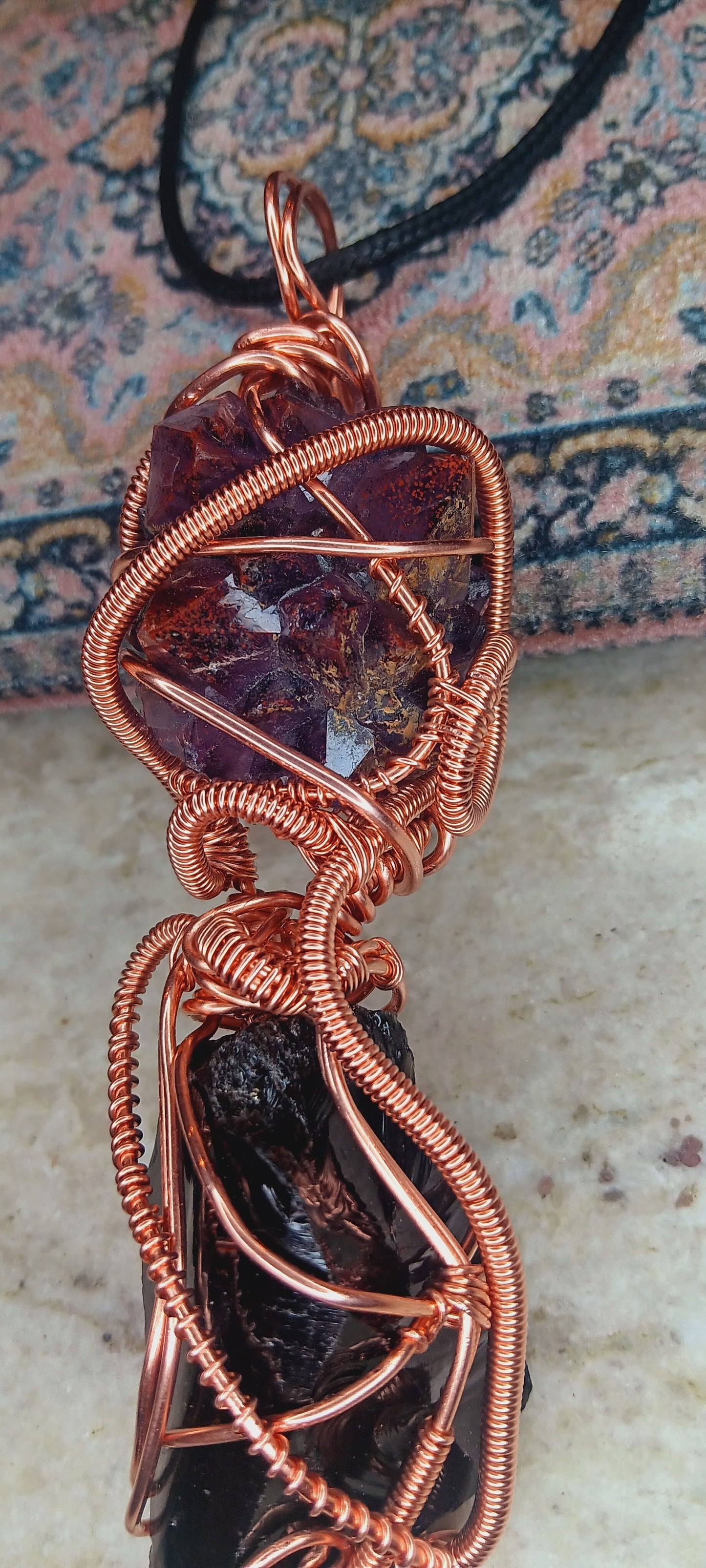 Auralite-23 and Black Obsidian Combination Copper Pendant