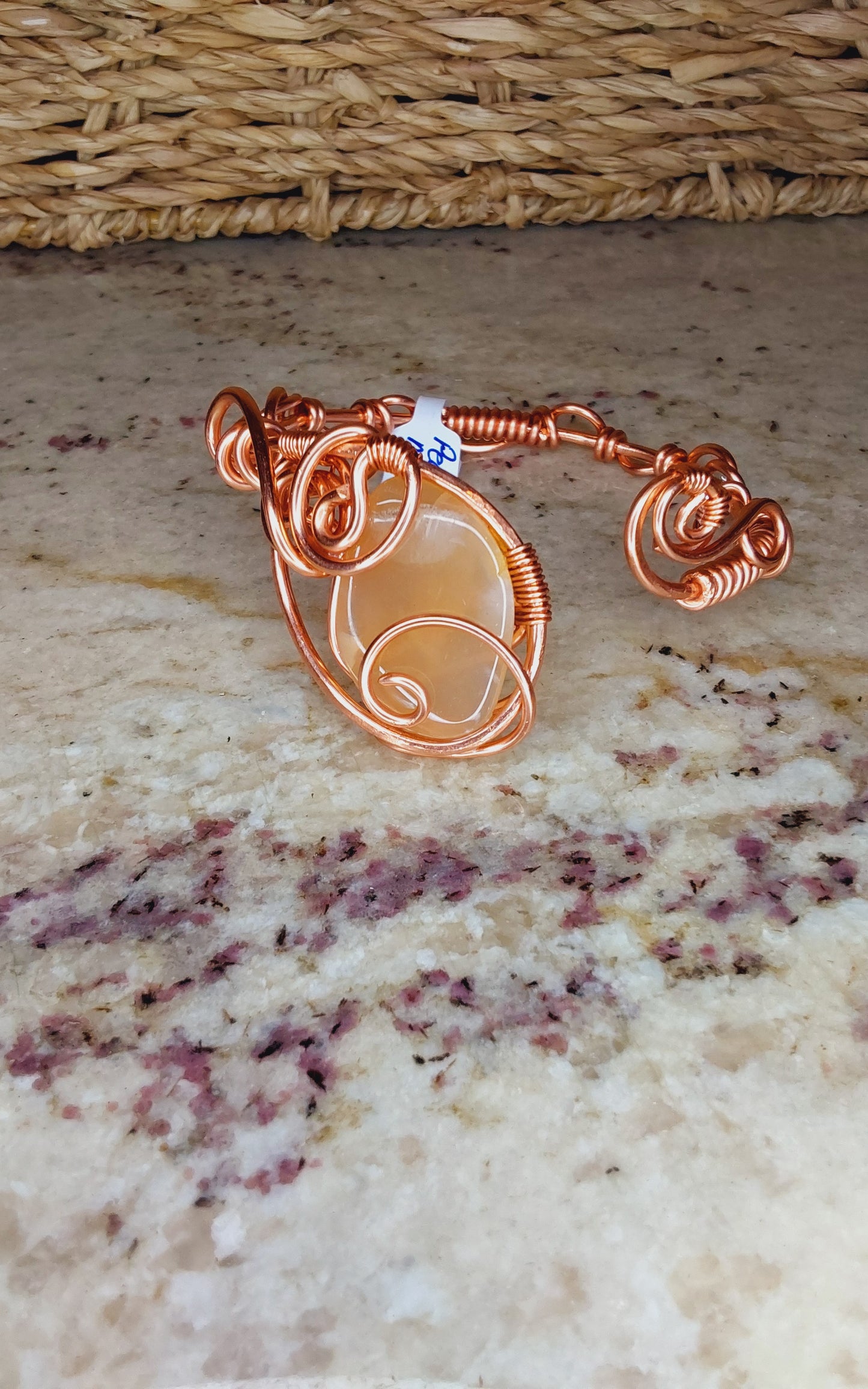 Handmade Copper Wire-Wrapped Bracelet with Peach Moonston