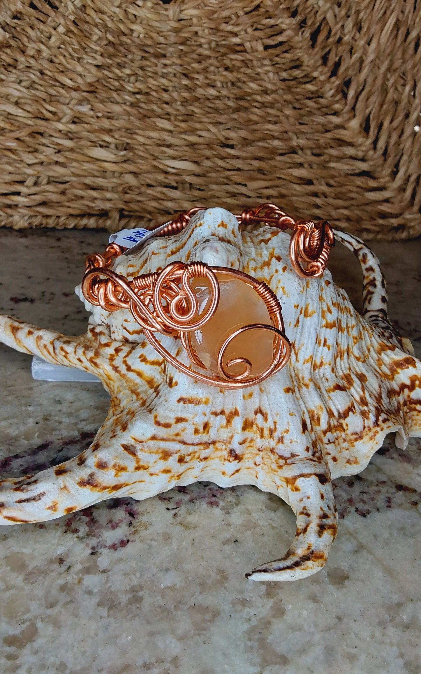 Handmade Copper Wire-Wrapped Bracelet with Peach Moonston