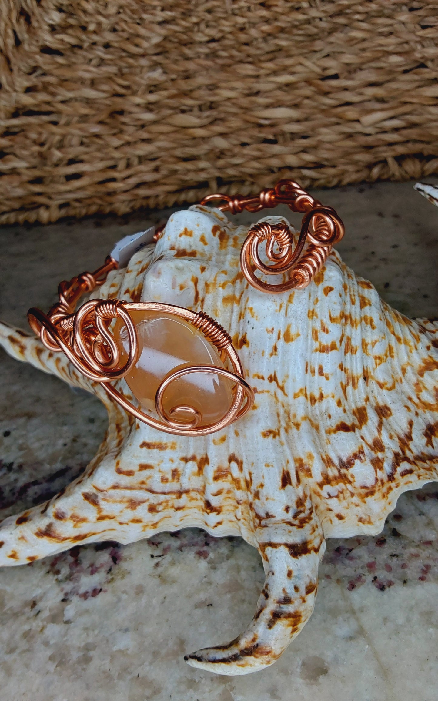Handmade Copper Wire-Wrapped Bracelet with Peach Moonston