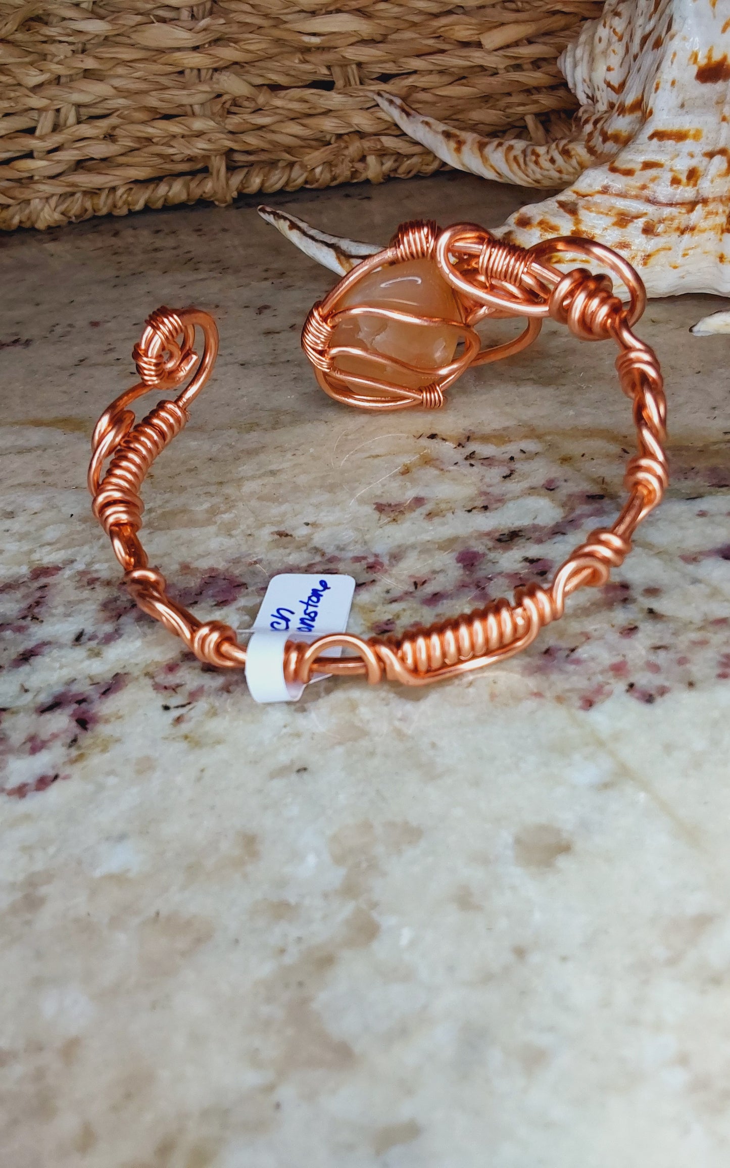 Handmade Copper Wire-Wrapped Bracelet with Peach Moonston