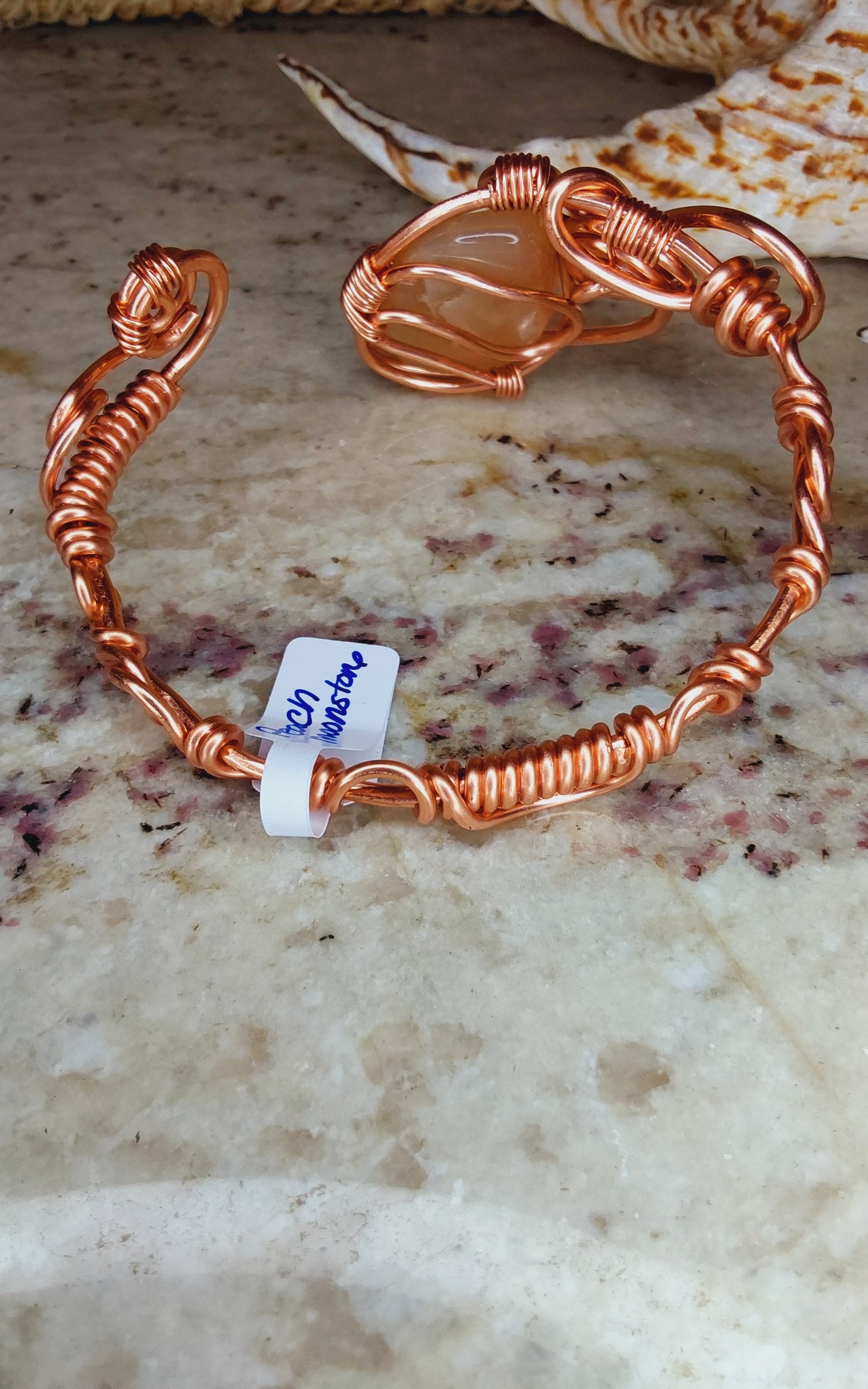 Handmade Copper Wire-Wrapped Bracelet with Peach Moonston