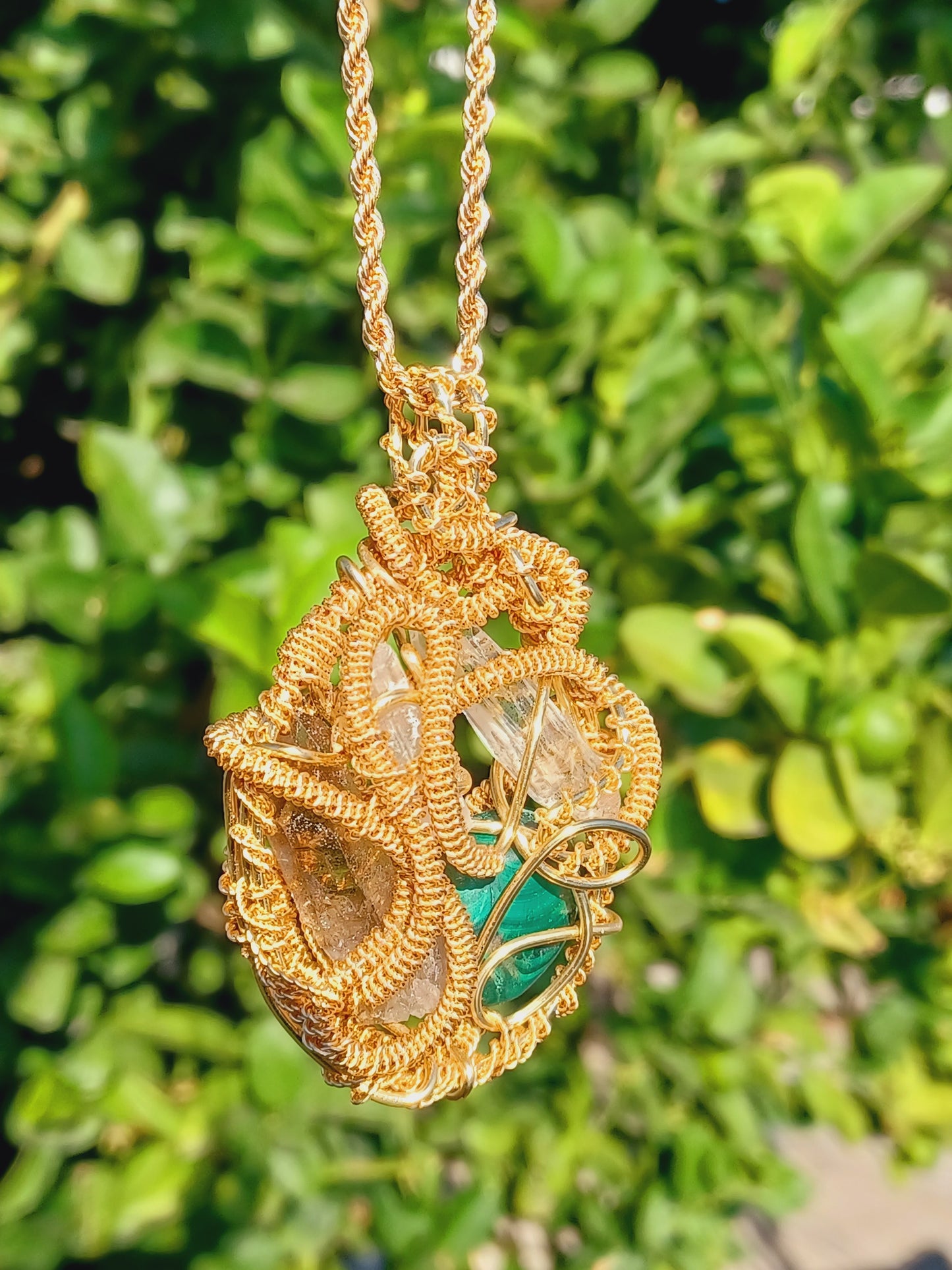 CombinationSmoky Quartz, Malachite, Selenite, Clear Quartz Point Combination Pendant "Flow"