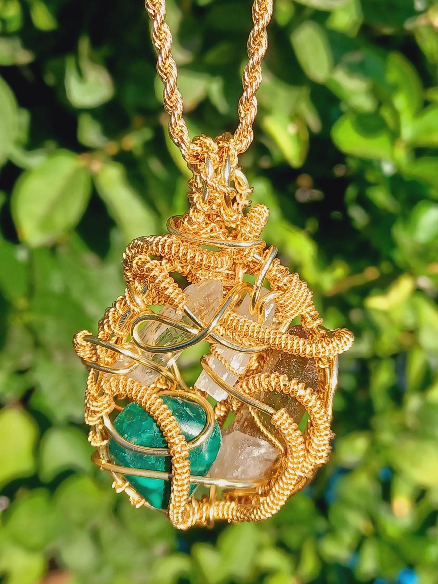 CombinationSmoky Quartz, Malachite, Selenite, Clear Quartz Point Combination Pendant "Flow"