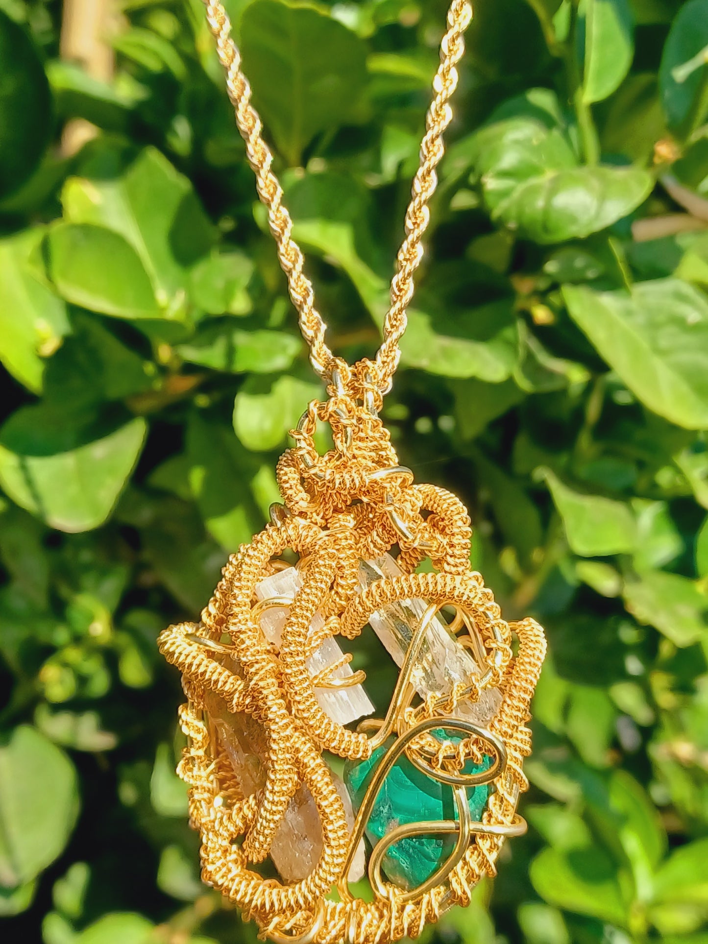 CombinationSmoky Quartz, Malachite, Selenite, Clear Quartz Point Combination Pendant "Flow"