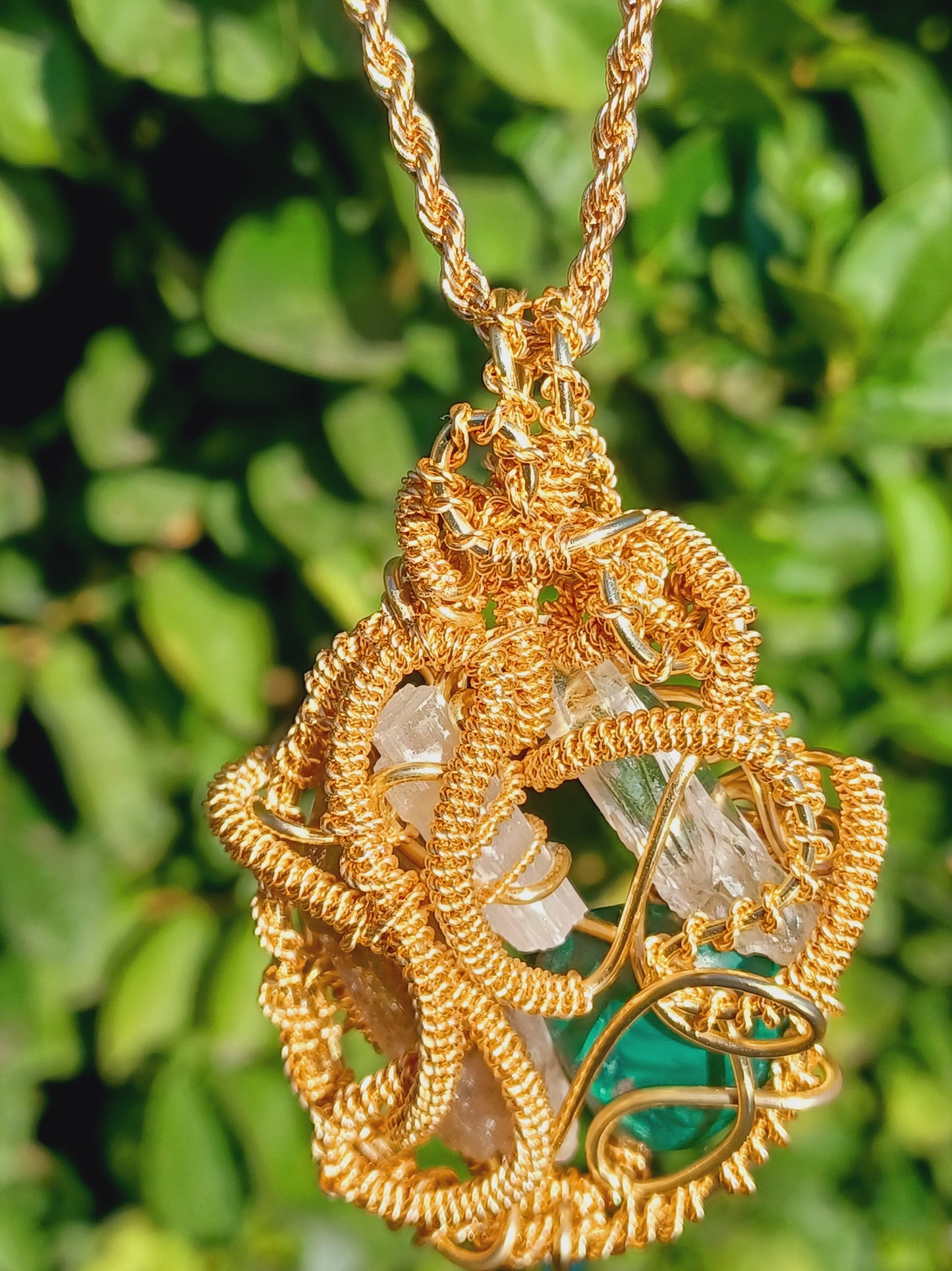 CombinationSmoky Quartz, Malachite, Selenite, Clear Quartz Point Combination Pendant "Flow"
