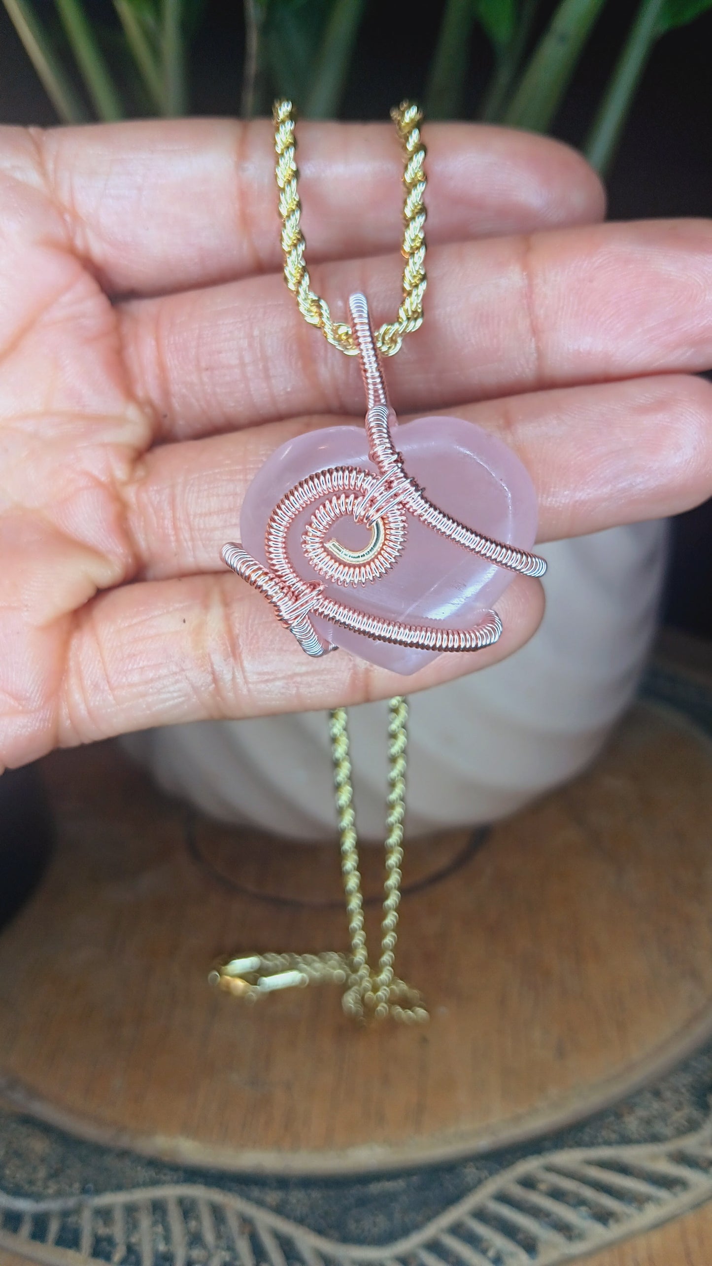 Rose Quartz Heart Pendant - Wired Wrapped Rose Gold