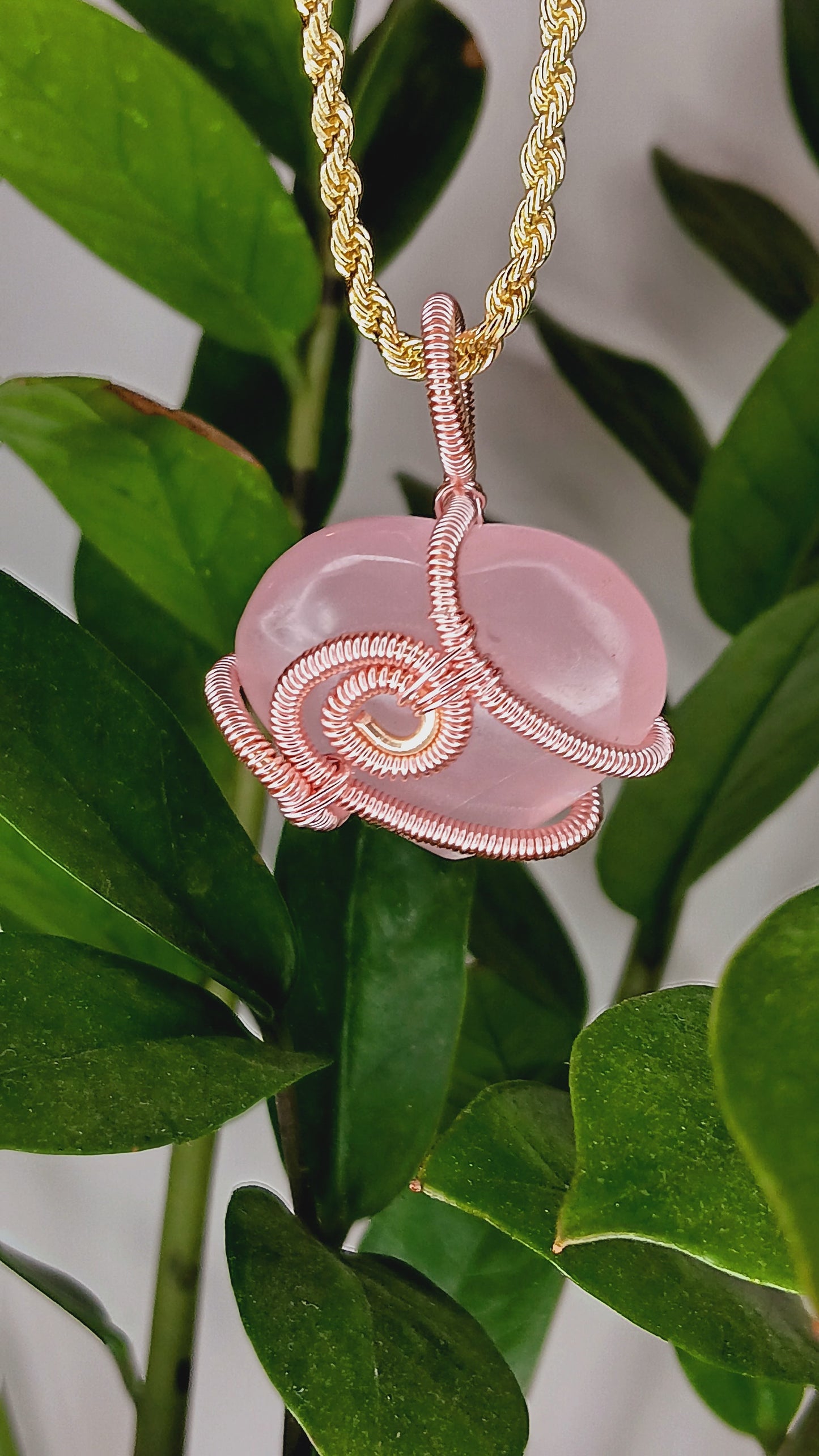 Rose Quartz Heart Pendant - Wired Wrapped Rose Gold