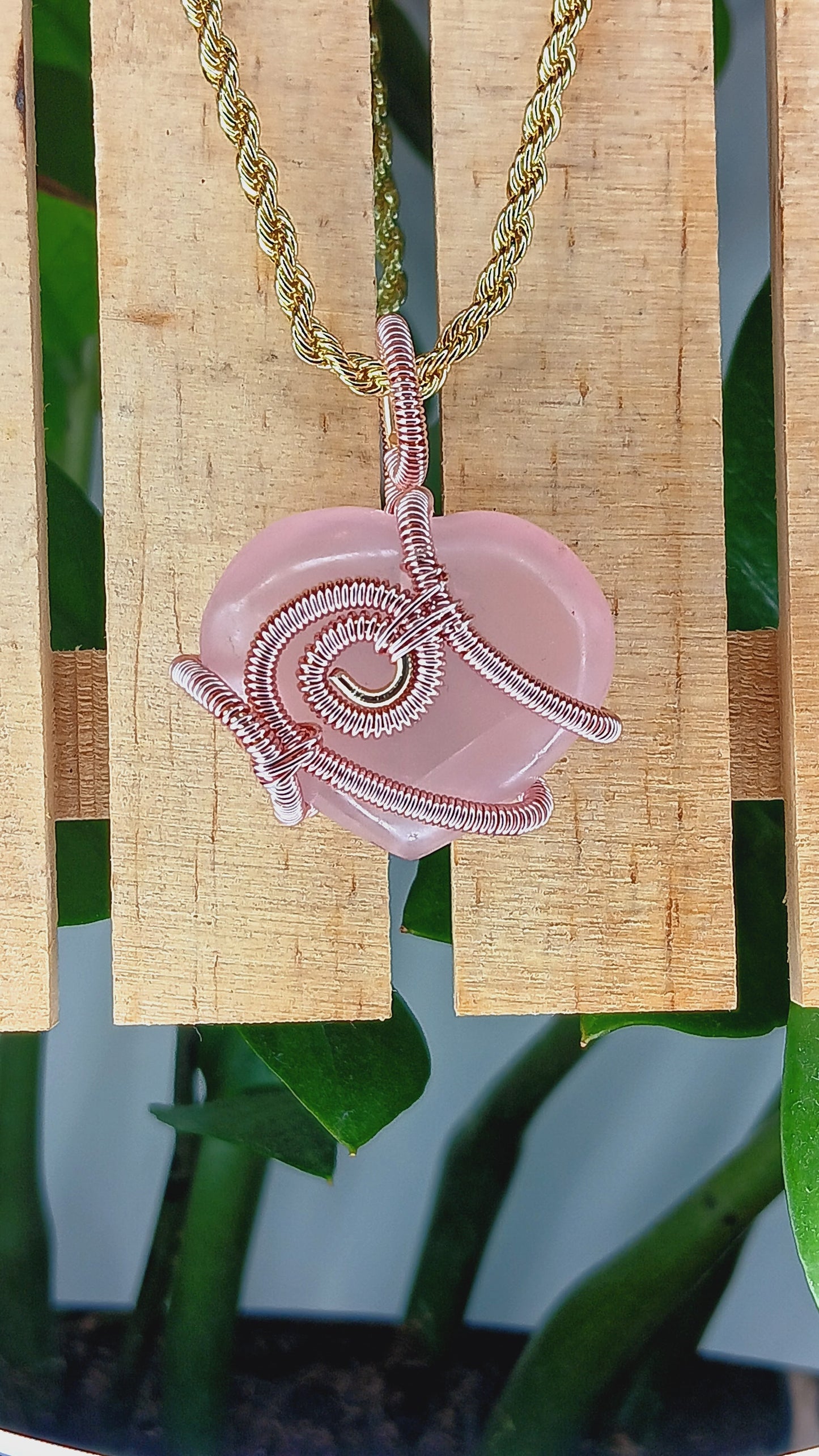 Rose Quartz Heart Pendant - Wired Wrapped Rose Gold