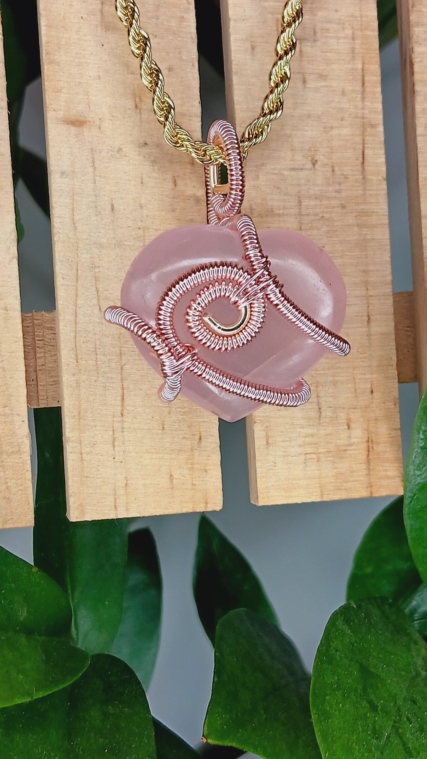 Rose Quartz Heart Pendant - Wired Wrapped Rose Gold