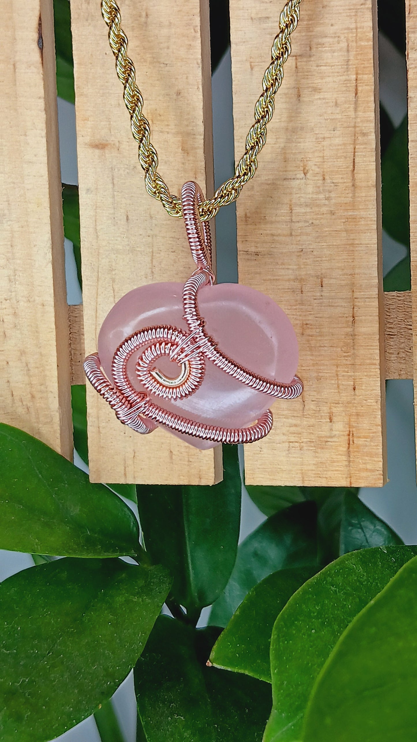 Rose Quartz Heart Pendant - Wired Wrapped Rose Gold