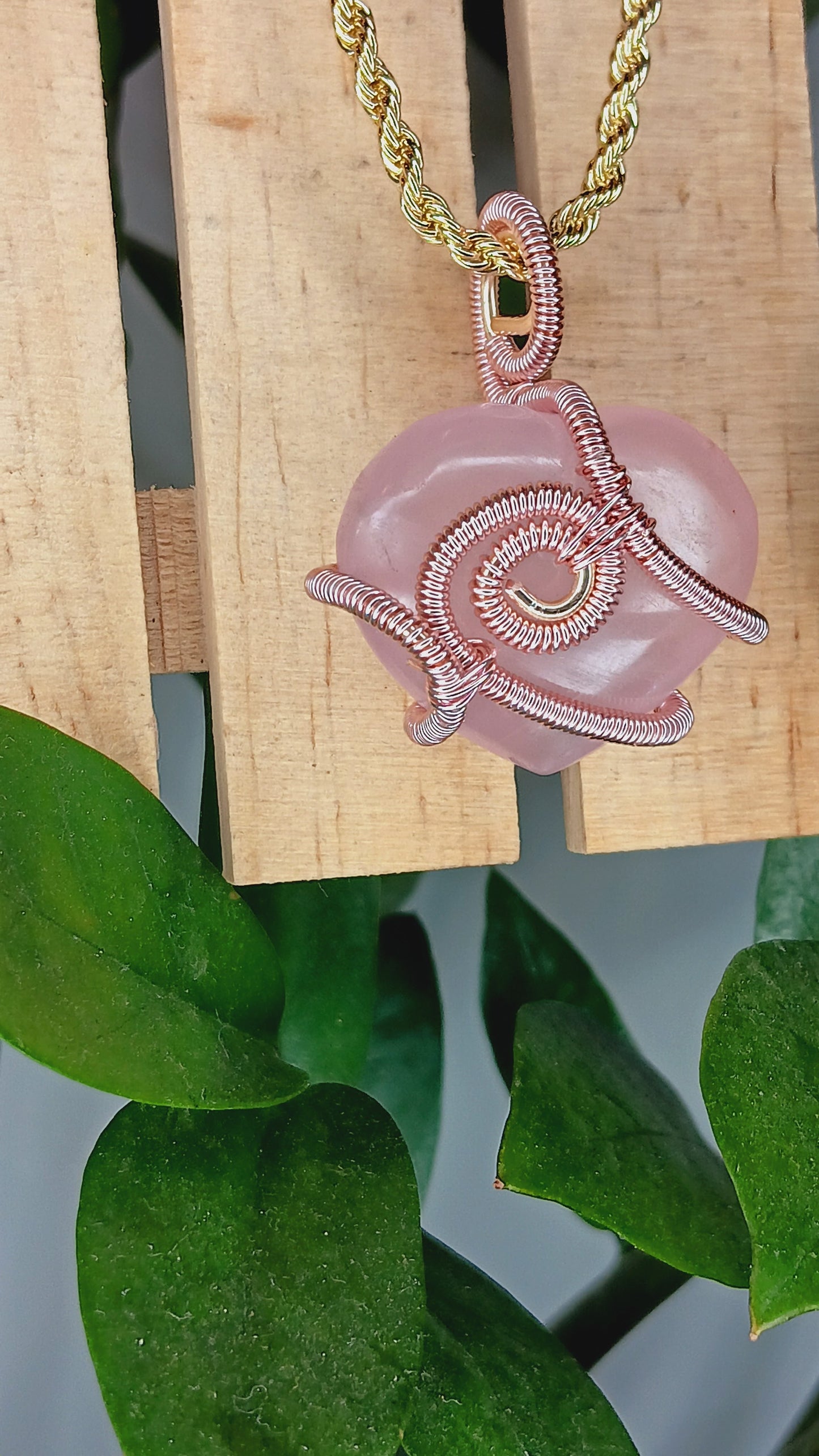 Rose Quartz Heart Pendant - Wired Wrapped Rose Gold