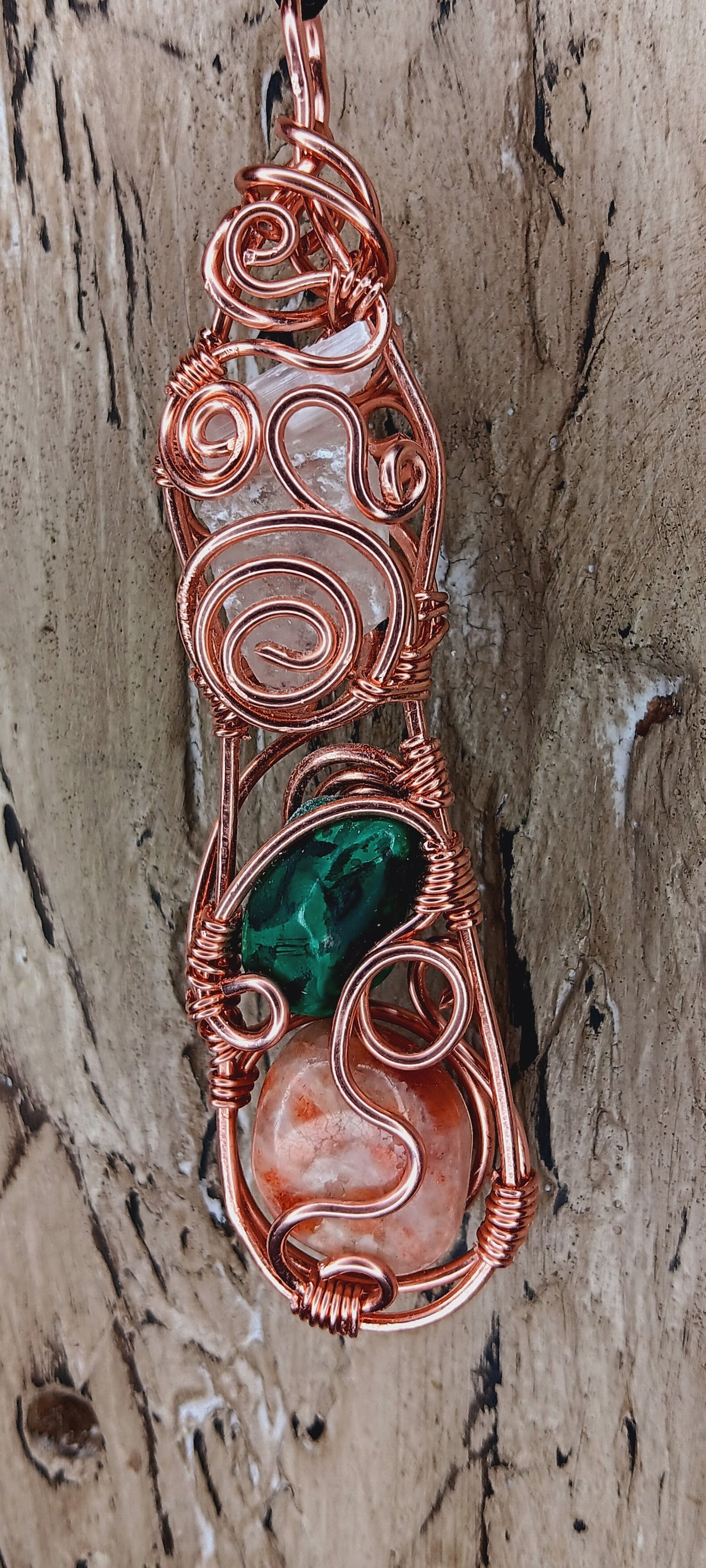 "Flow State" Copper Wrapped Sunstone , Malachite Clear Quartz, Selenite