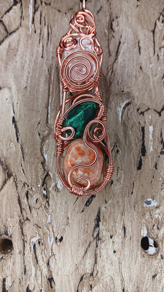 "Flow State" Copper Wrapped Sunstone , Malachite Clear Quartz, Selenite