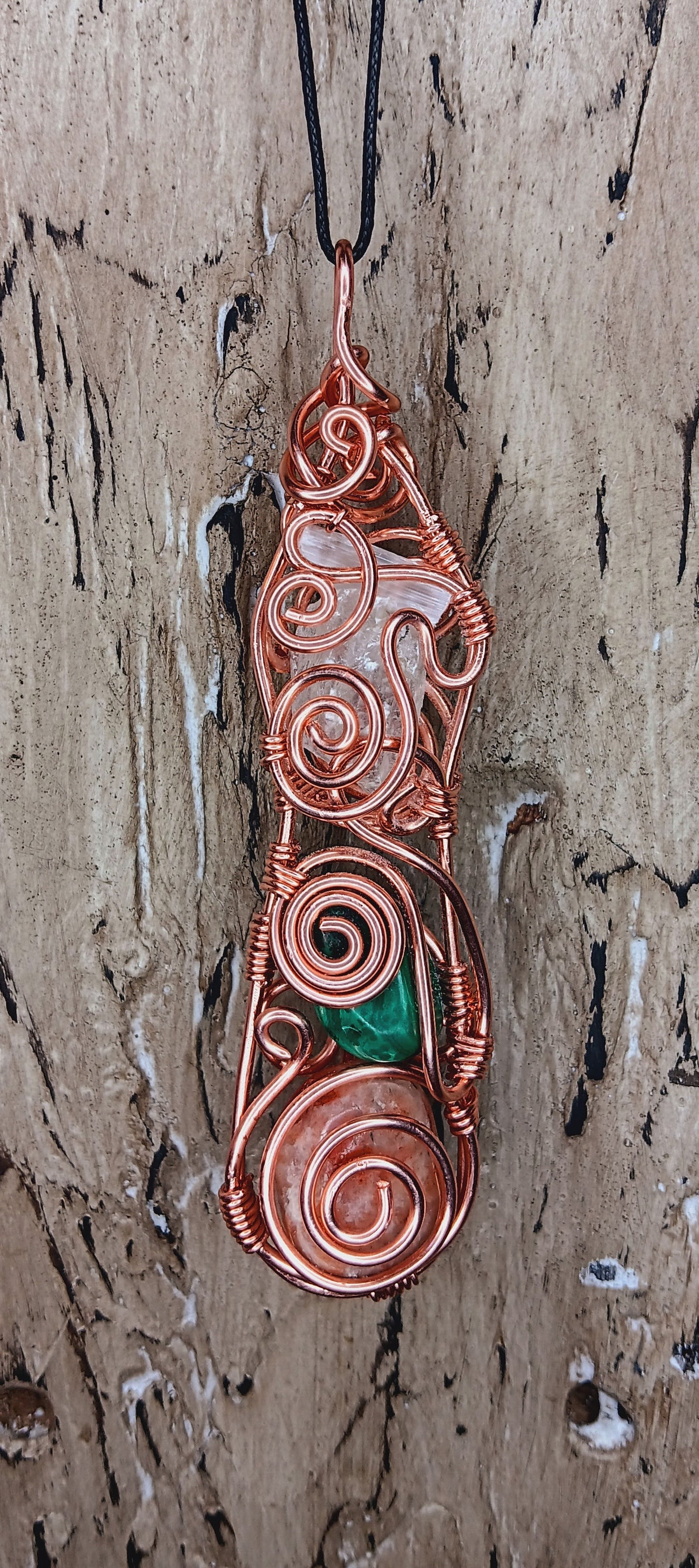 "Flow State" Copper Wrapped Sunstone , Malachite Clear Quartz, Selenite