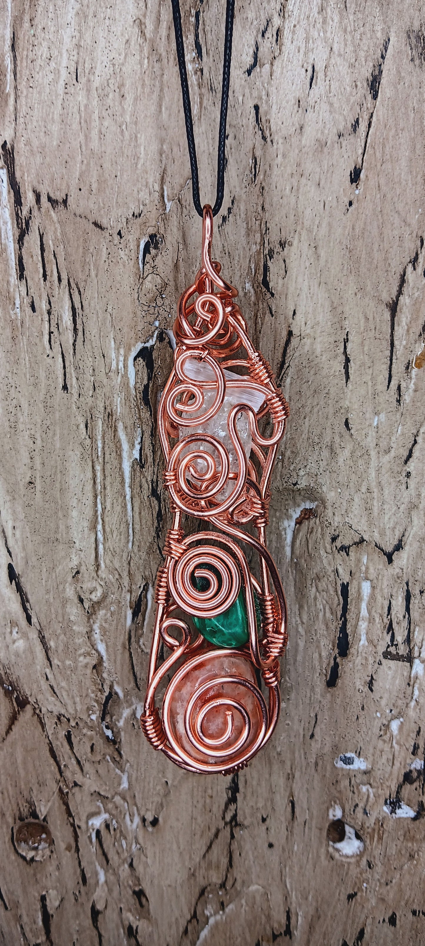 "Flow State" Copper Wrapped Sunstone , Malachite Clear Quartz, Selenite