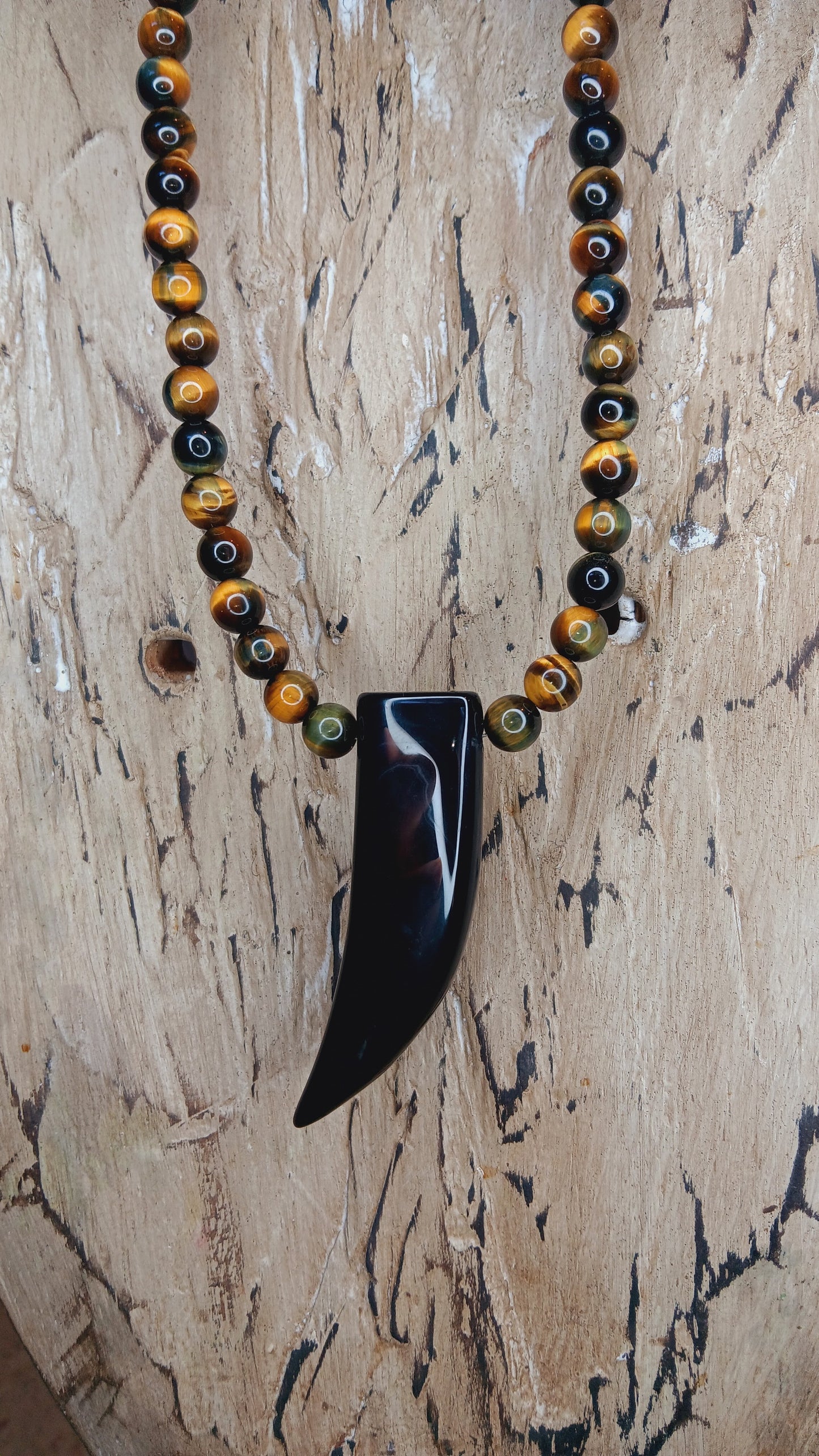 "Self-confidence" Tiger's Eye Beaded Necklace with Black Agate Tooth