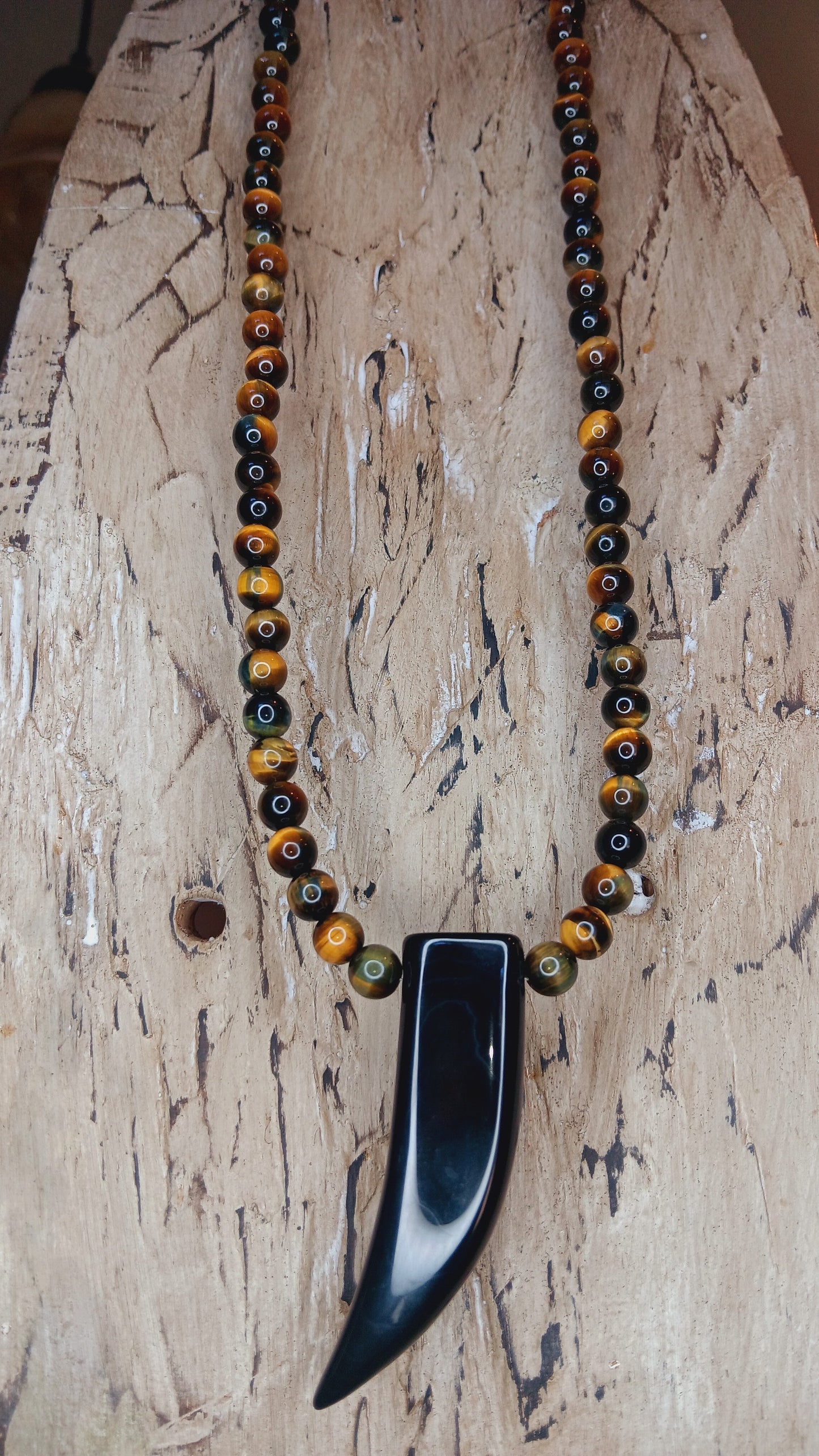 "Self-confidence" Tiger's Eye Beaded Necklace with Black Agate Tooth