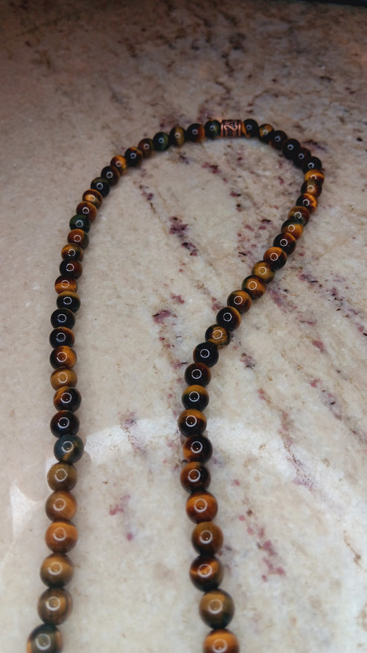 "Self-confidence" Tiger's Eye Beaded Necklace with Black Agate Tooth