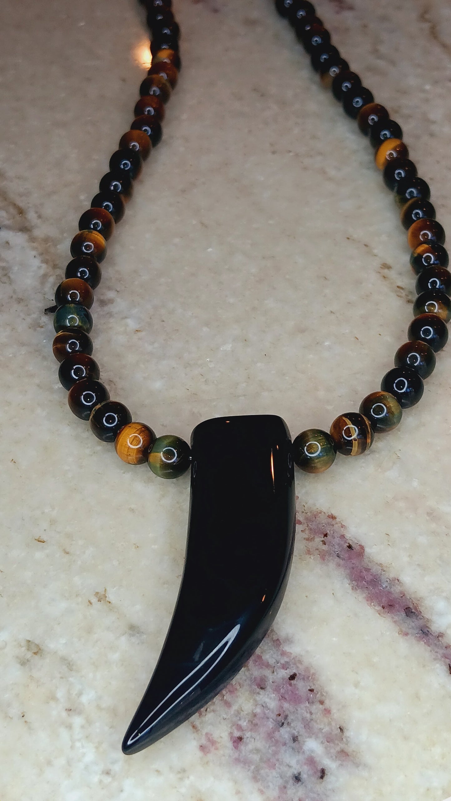 "Self-confidence" Tiger's Eye Beaded Necklace with Black Agate Tooth