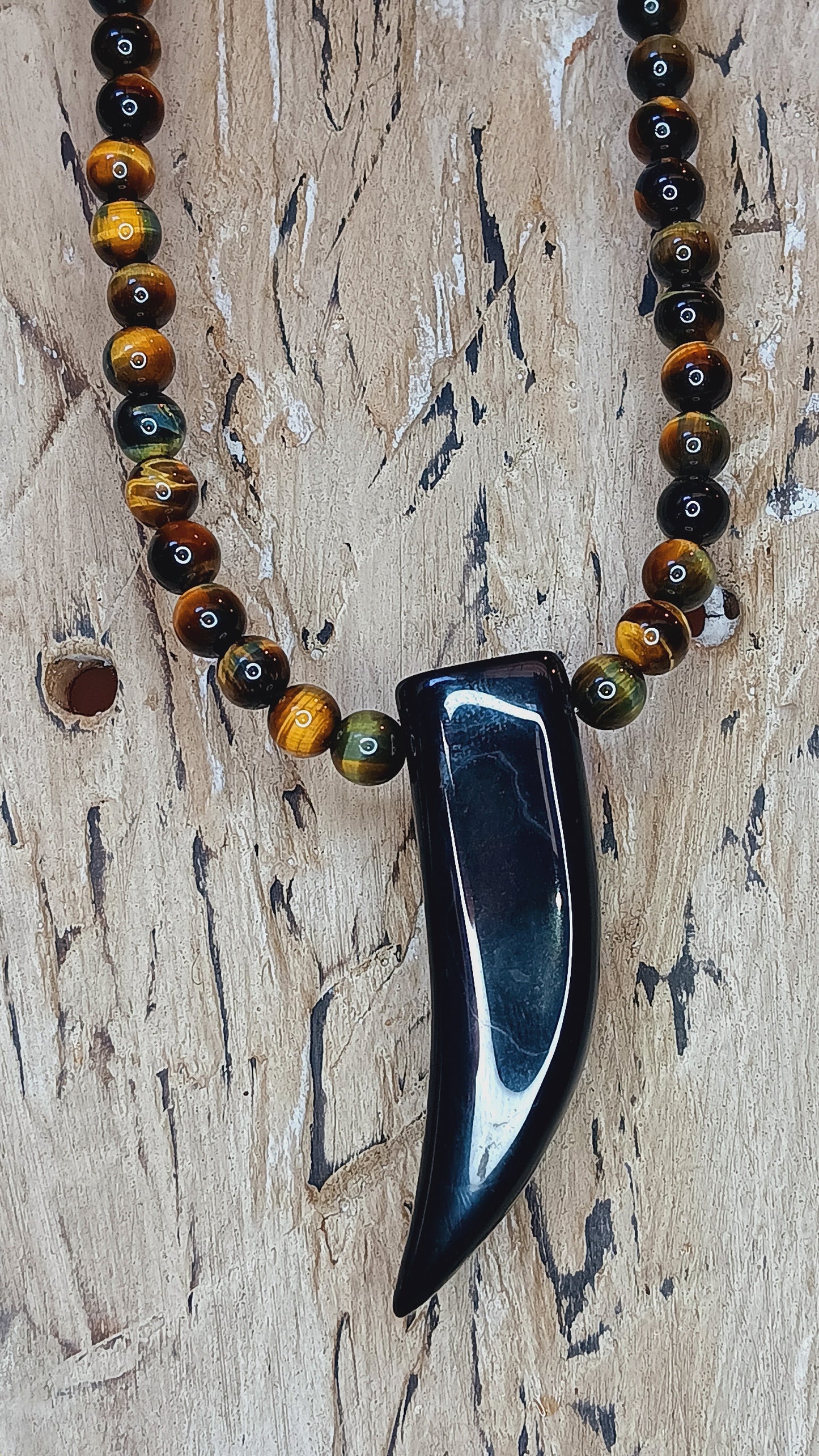 "Self-confidence" Tiger's Eye Beaded Necklace with Black Agate Tooth