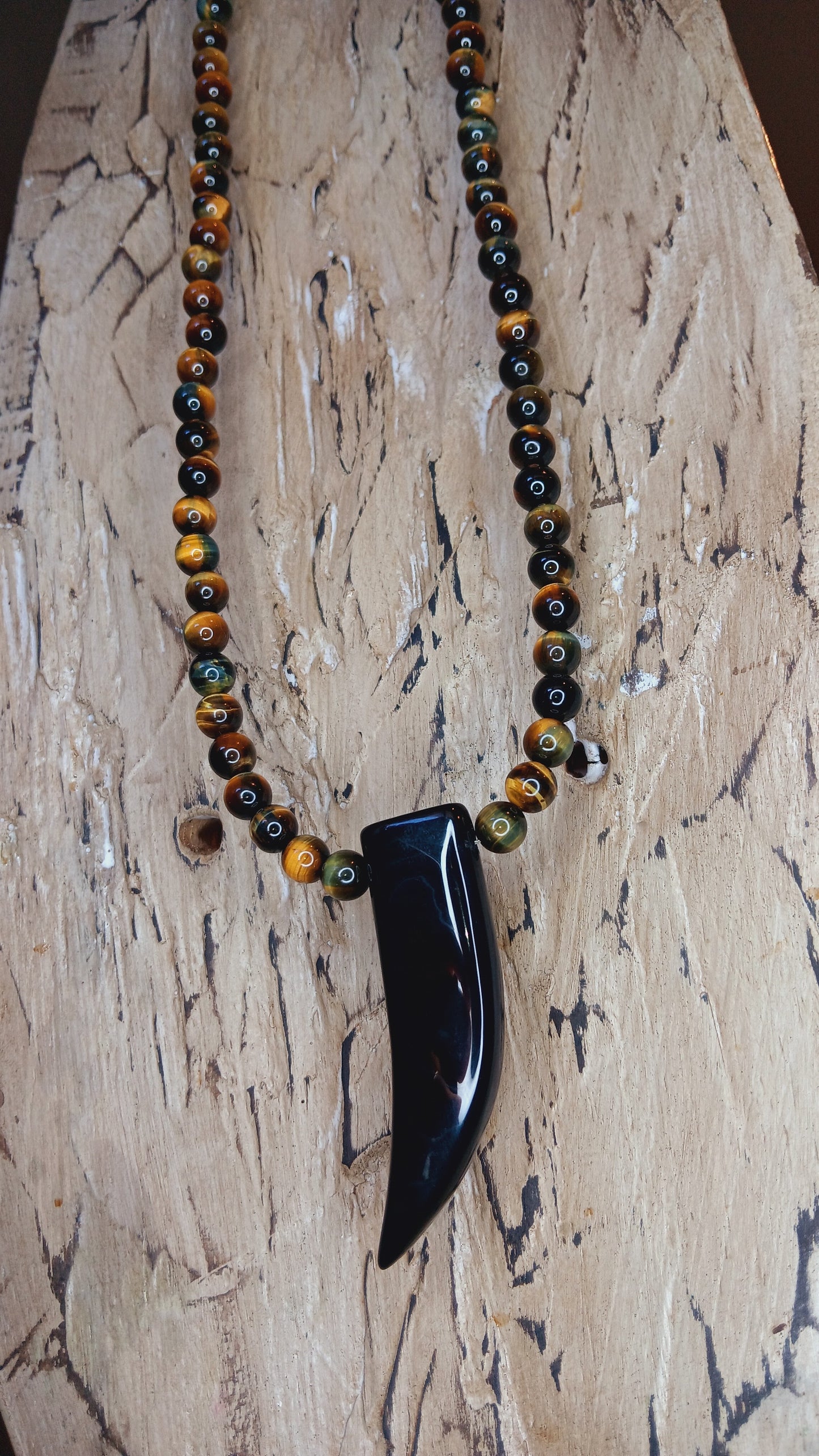 "Self-confidence" Tiger's Eye Beaded Necklace with Black Agate Tooth