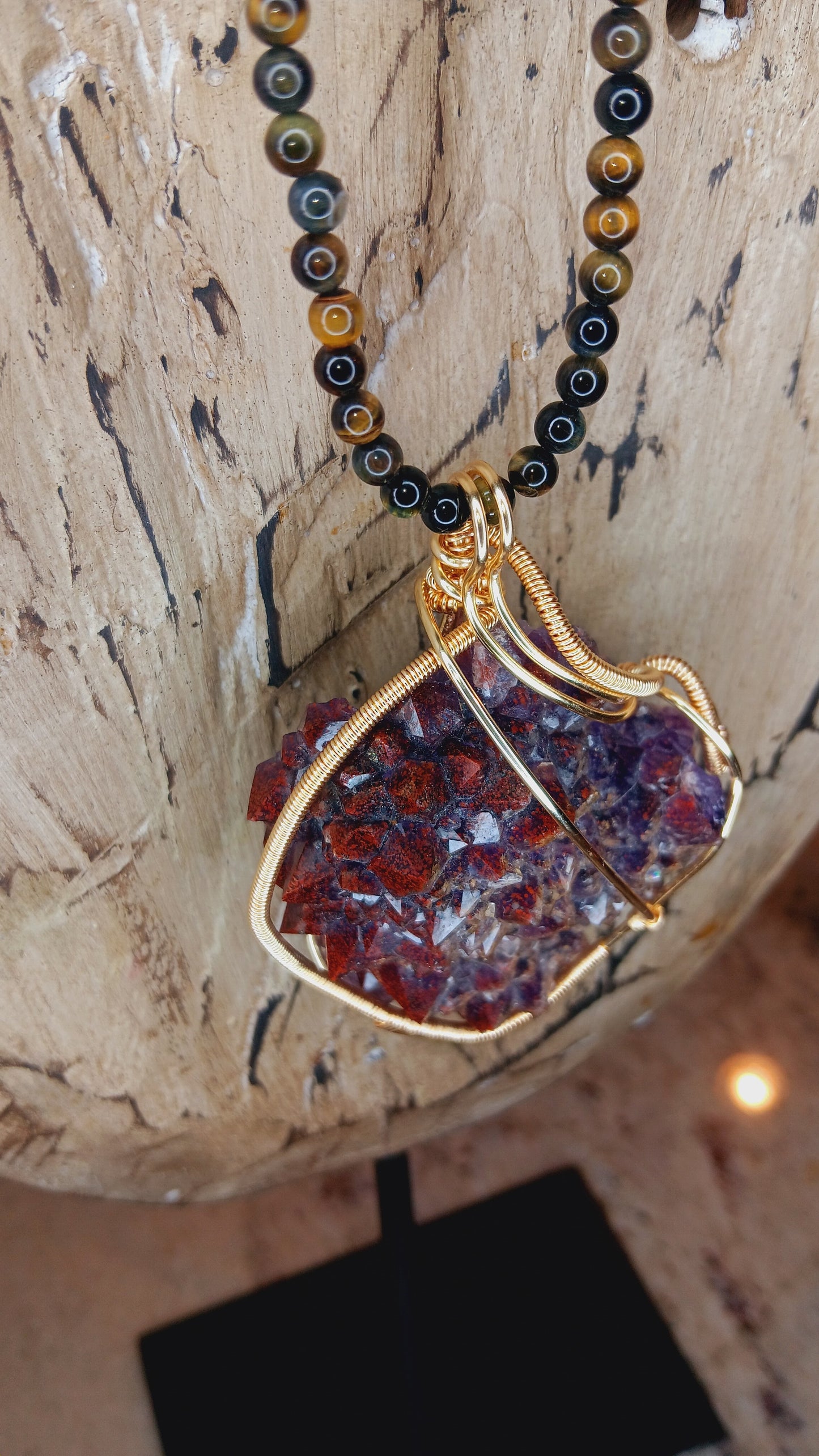 "Auralite 23 Embrace" Tiger's eye beaded necklace with Auralite pendant