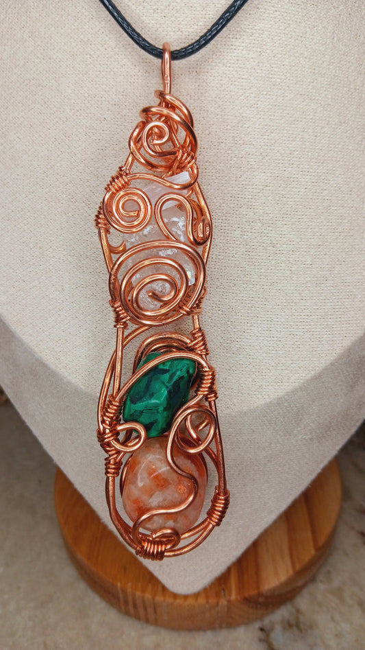 "Flow State" Copper Wrapped Sunstone , Malachite Clear Quartz, Selenite