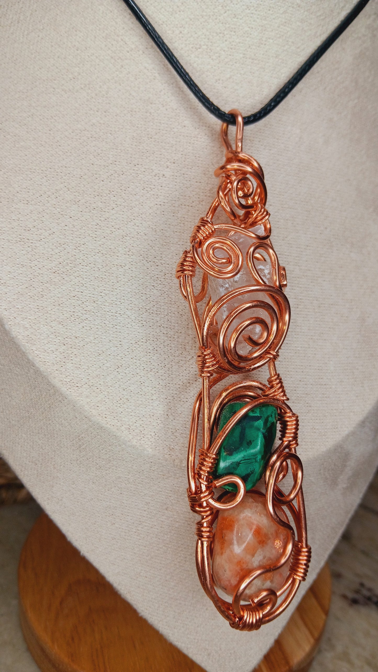 "Flow State" Copper Wrapped Sunstone , Malachite Clear Quartz, Selenite