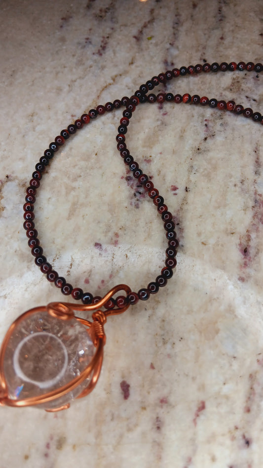 Copper Wire Clear Quartz Sphere /Tigers Eye Hematite Necklace