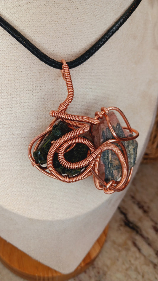 "Release" Raw Rhodonite and Raw Prehnite Copper Wire Wrapped Pendant