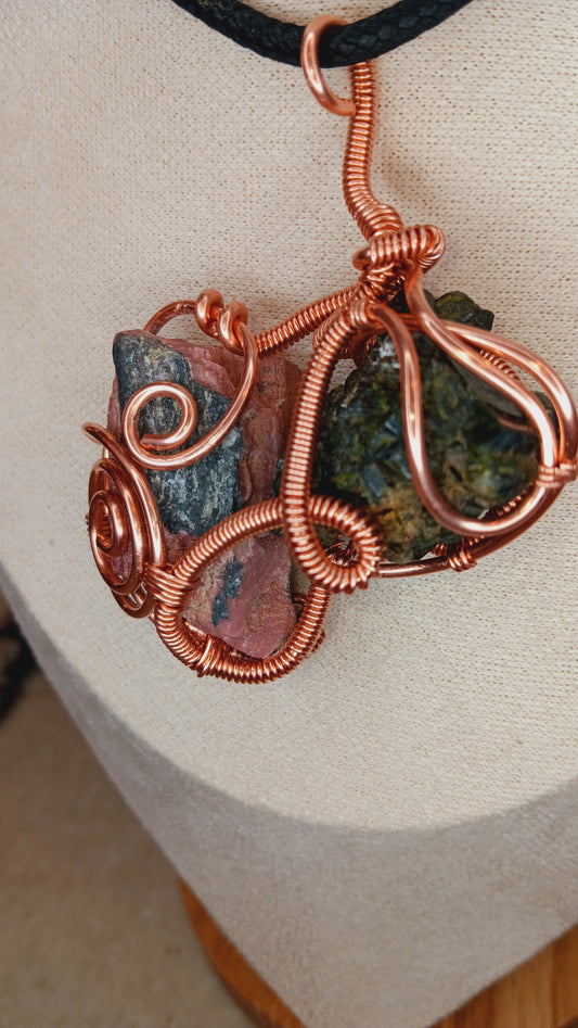 "Release" Raw Rhodonite and Raw Prehnite Copper Wire Wrapped Pendant