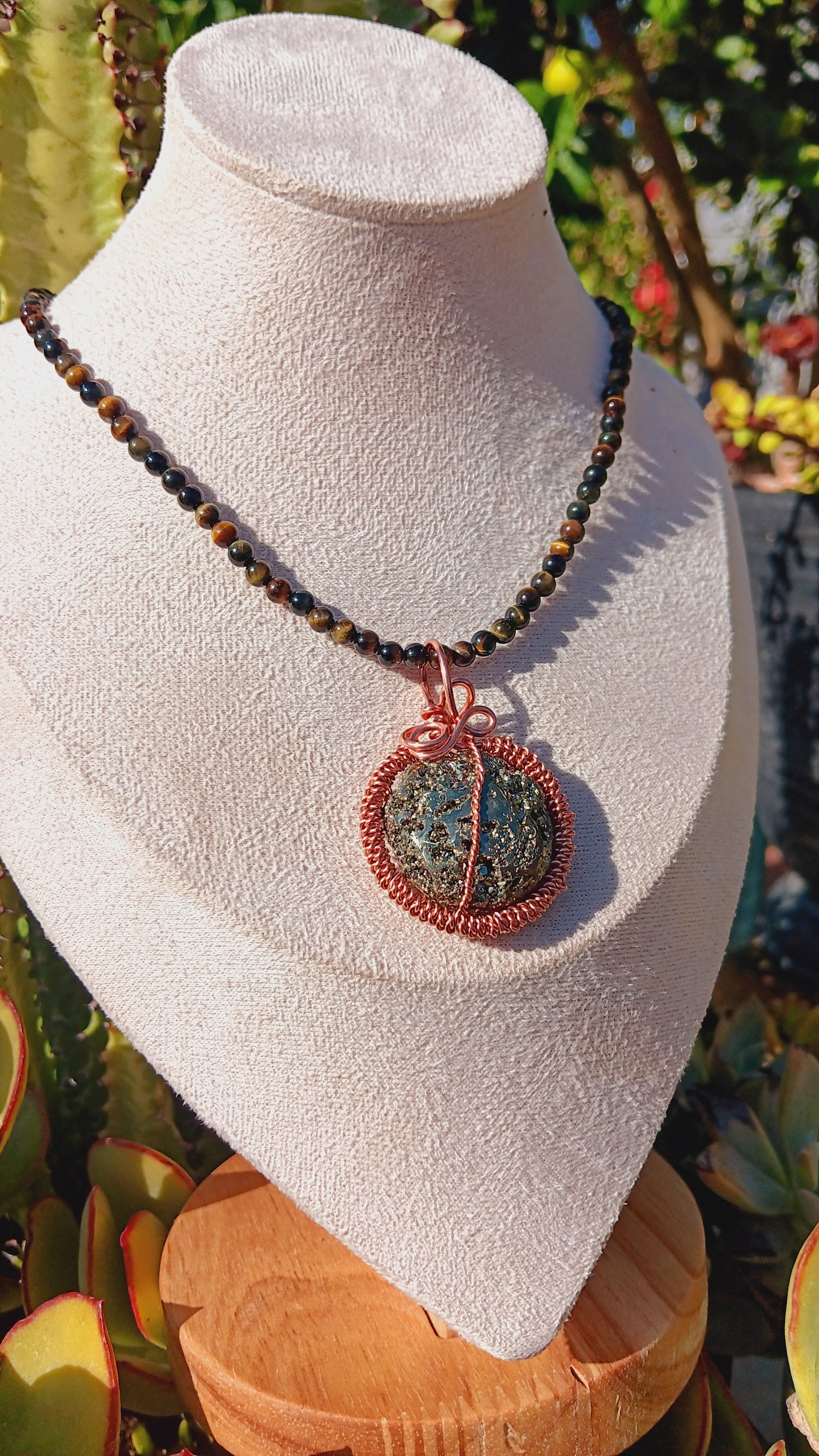 Tigers Eye Necklace with Copper Wire Wrapped Pyrite