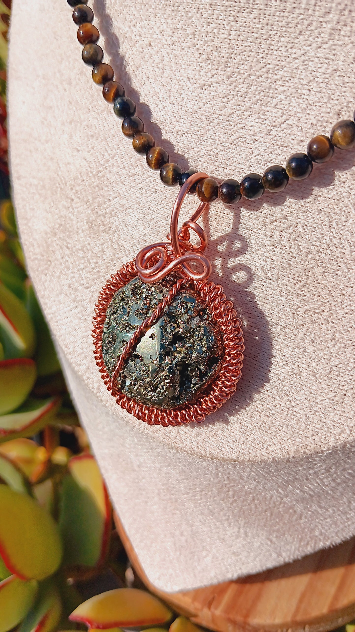 Tigers Eye Necklace with Copper Wire Wrapped Pyrite