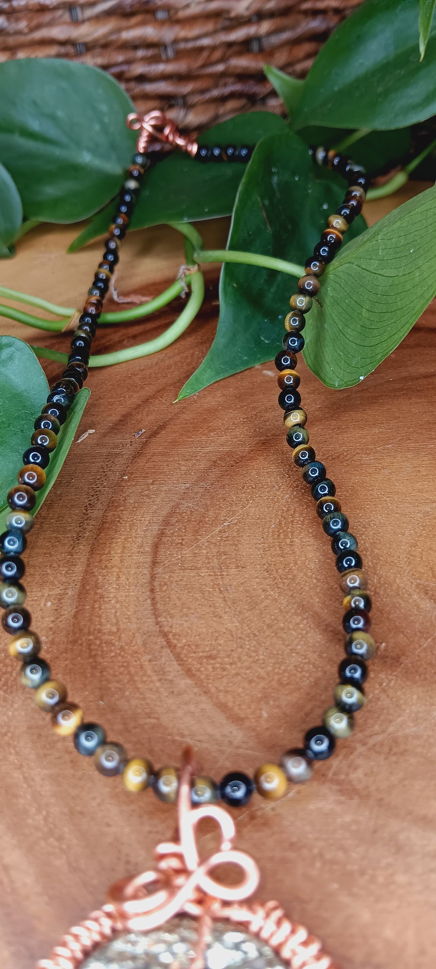 Tigers Eye Necklace with Copper Wire Wrapped Pyrite