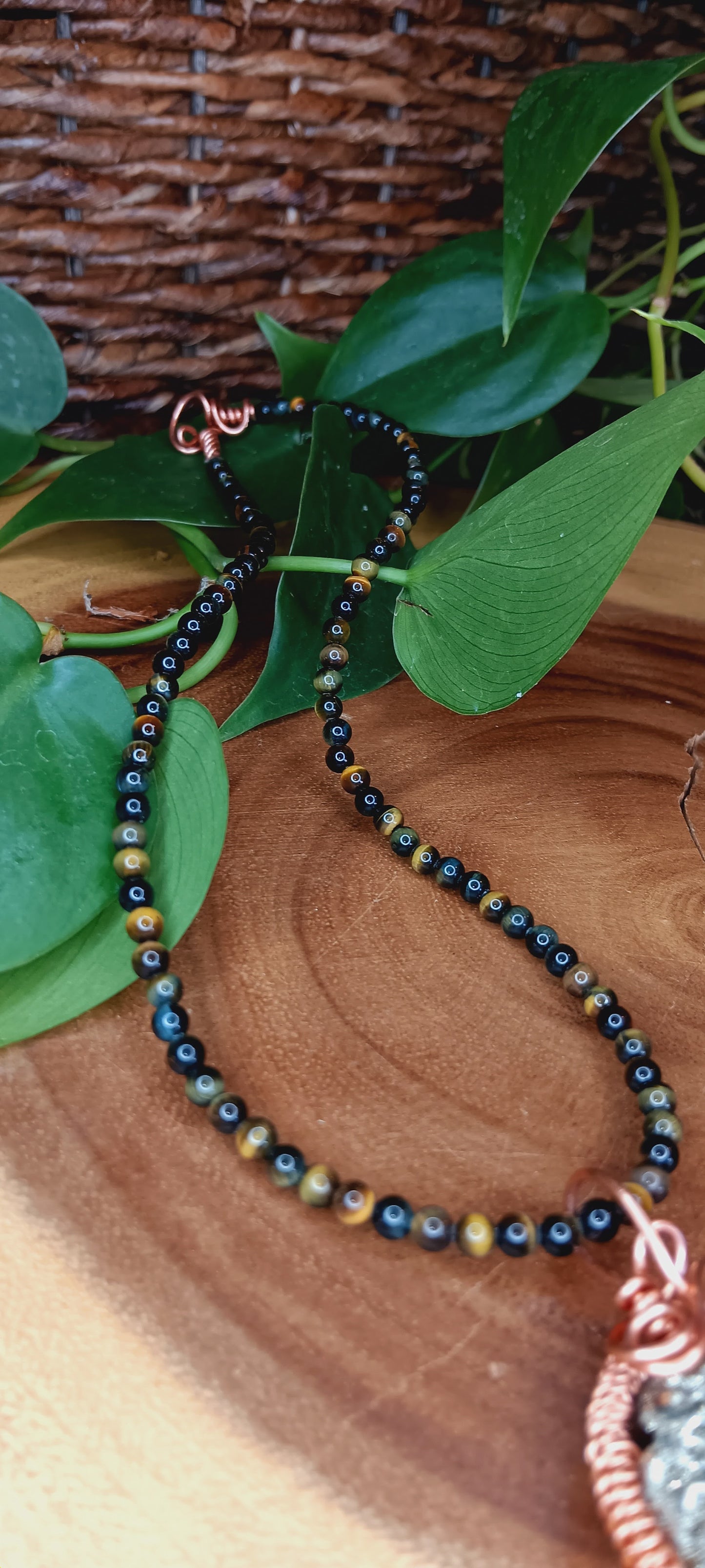 Tigers Eye Necklace with Copper Wire Wrapped Pyrite