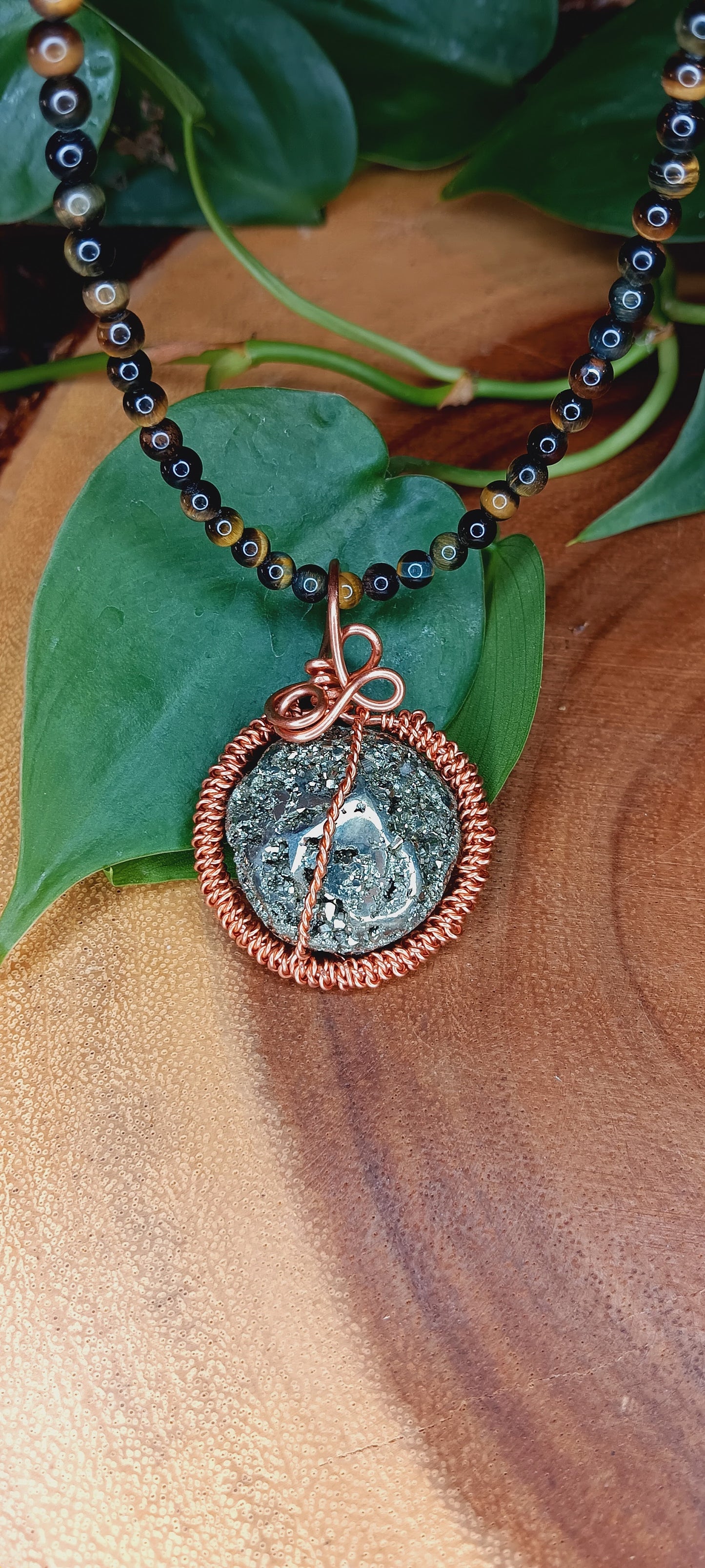 Tigers Eye Necklace with Copper Wire Wrapped Pyrite