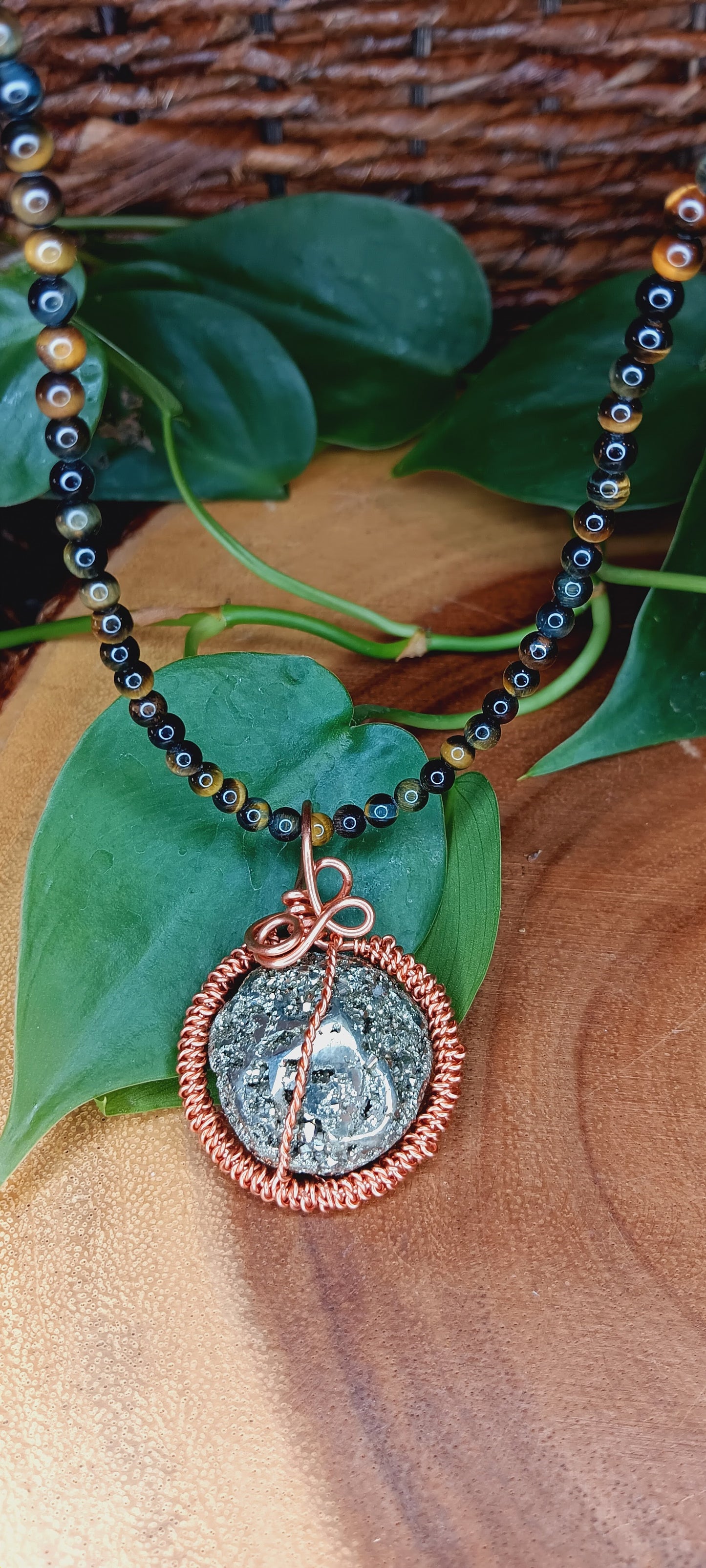 Tigers Eye Necklace with Copper Wire Wrapped Pyrite