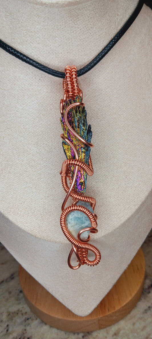 Copper Wire Wrapped Titanium Rainbow Aura and Black Kyanite Combination