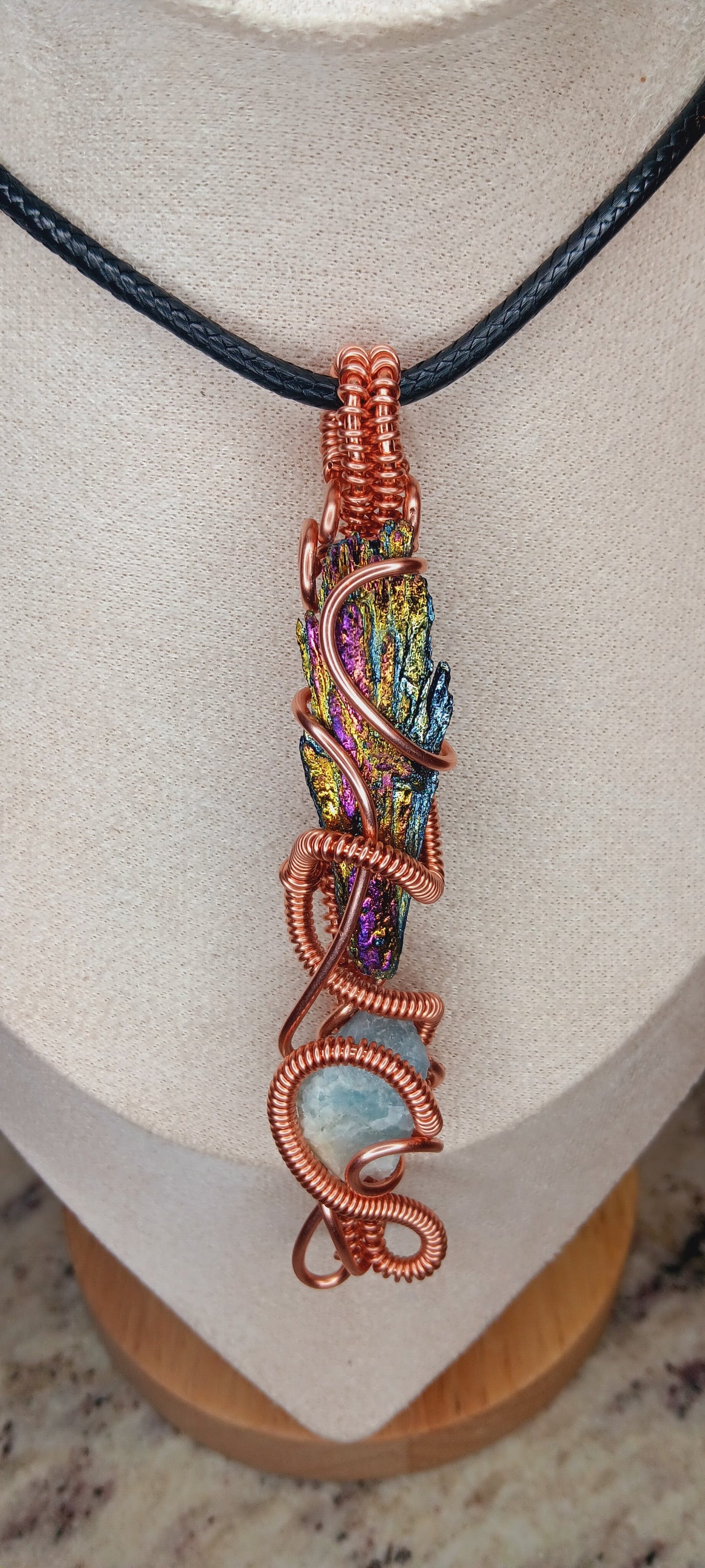 Copper Wire Wrapped Titanium Rainbow Aura and Black Kyanite Combination