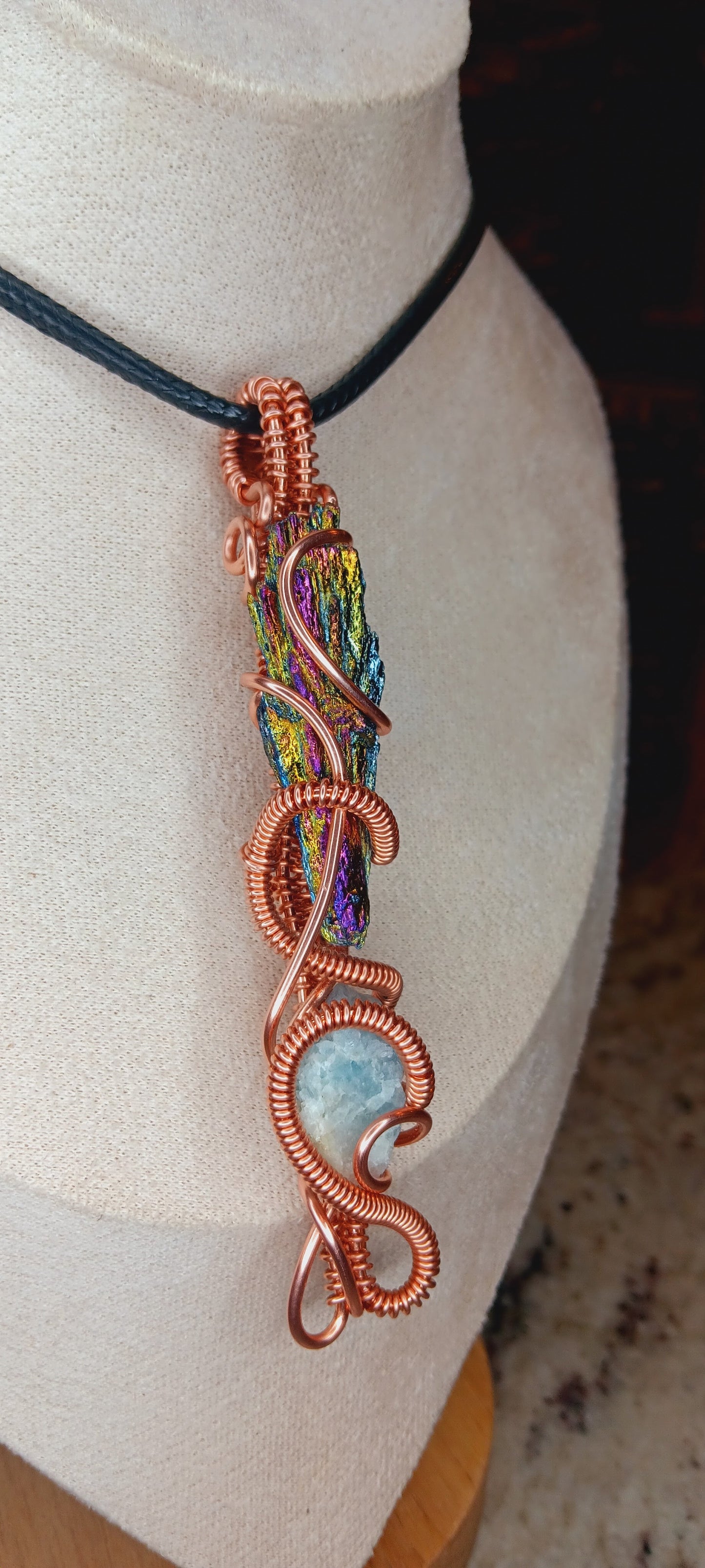 Copper Wire Wrapped Titanium Rainbow Aura and Black Kyanite Combination