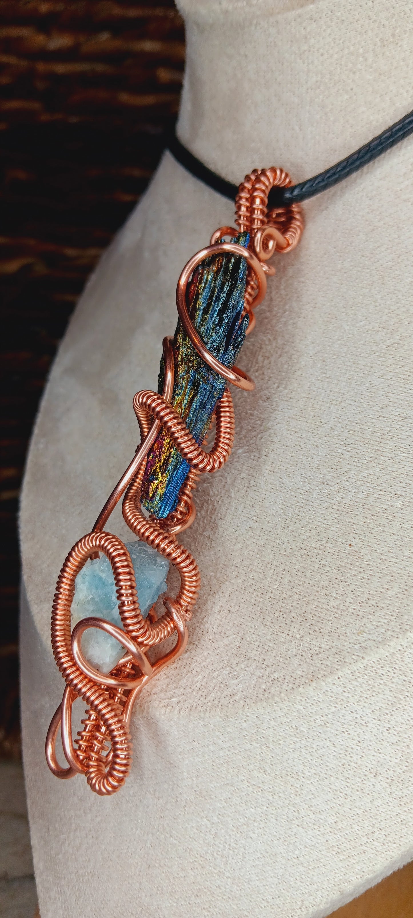 Copper Wire Wrapped Titanium Rainbow Aura and Black Kyanite Combination