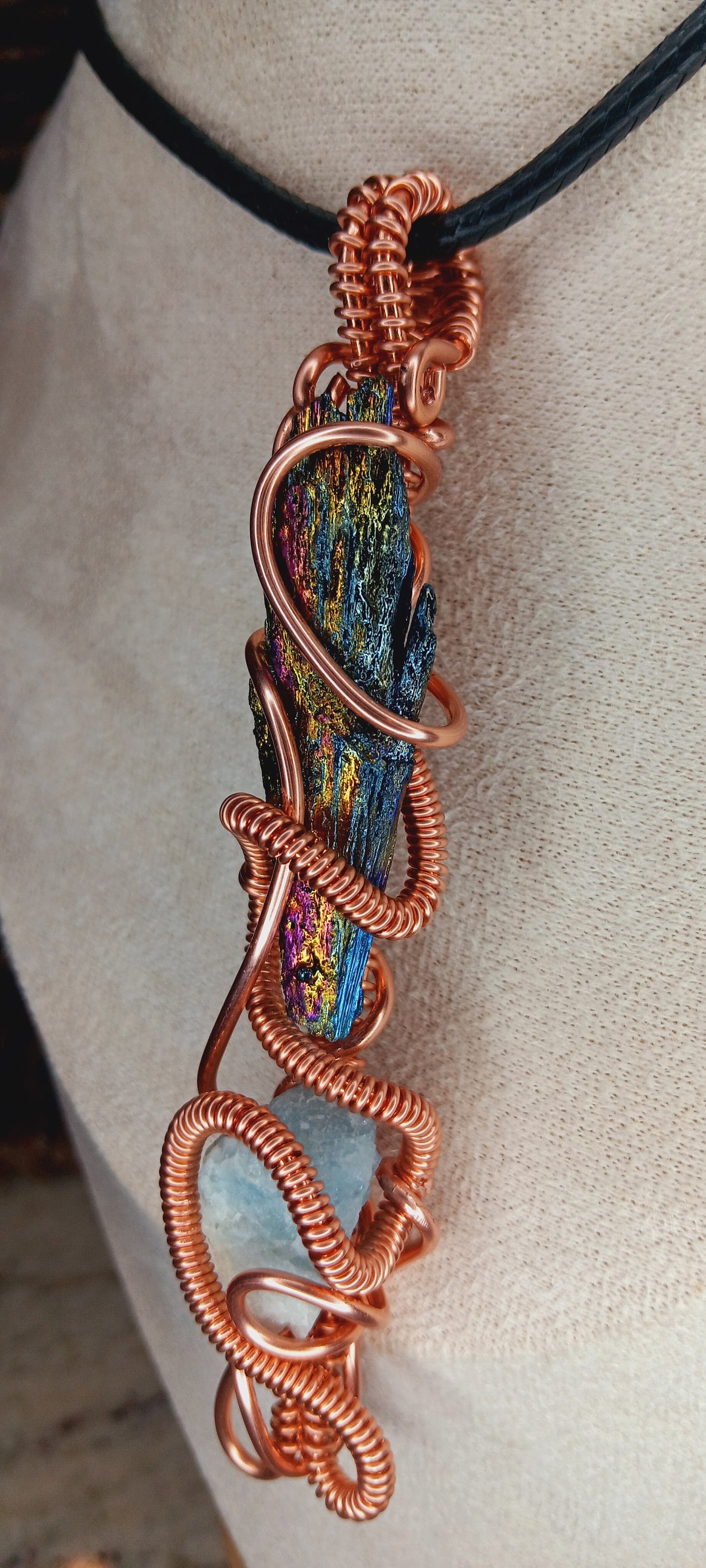 Copper Wire Wrapped Titanium Rainbow Aura and Black Kyanite Combination