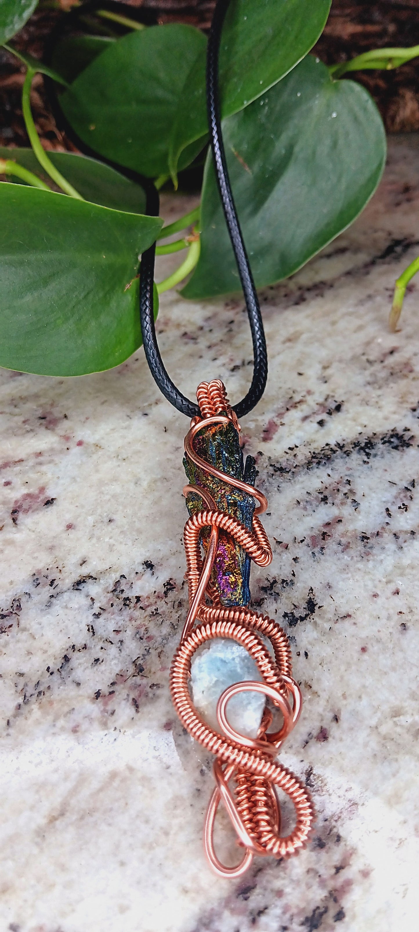 Copper Wire Wrapped Titanium Rainbow Aura and Black Kyanite Combination