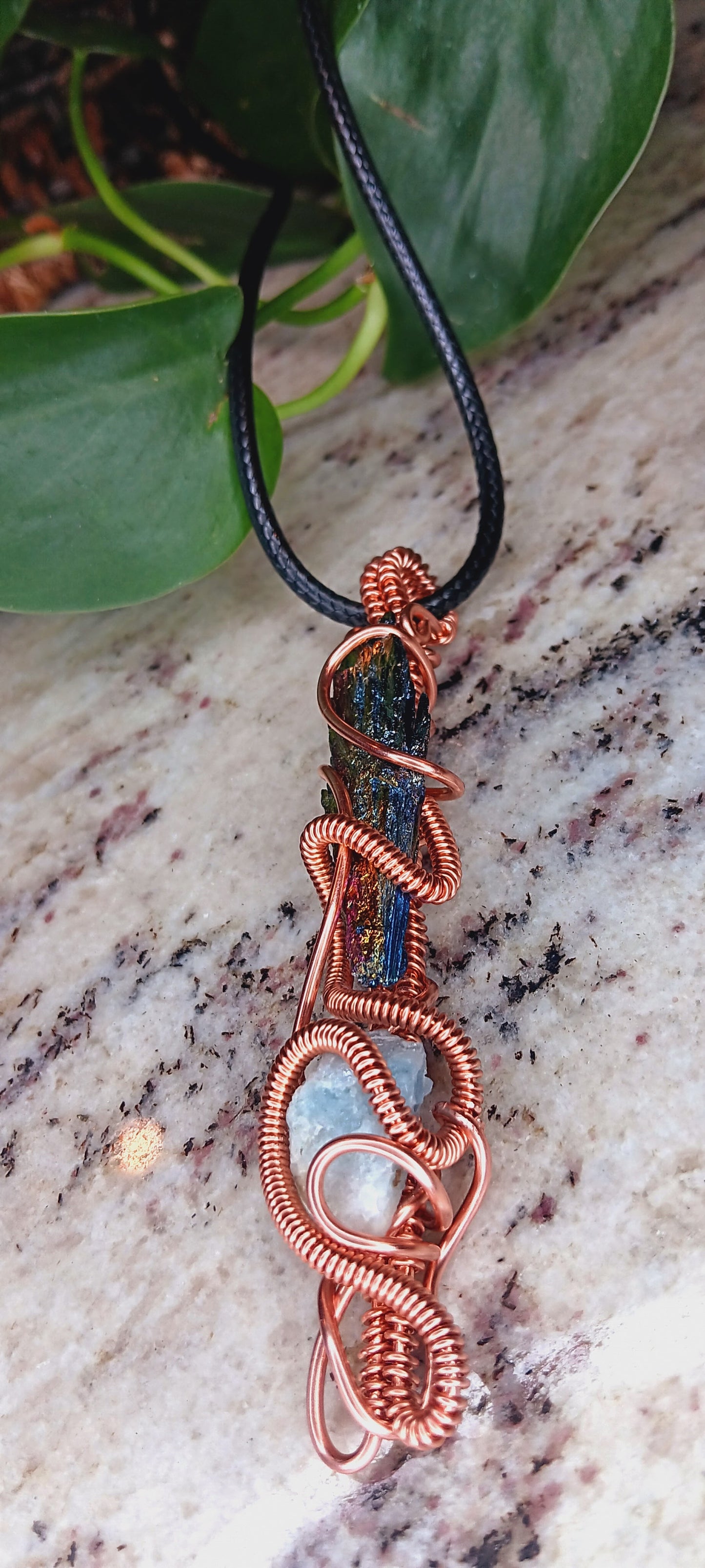 Copper Wire Wrapped Titanium Rainbow Aura and Black Kyanite Combination