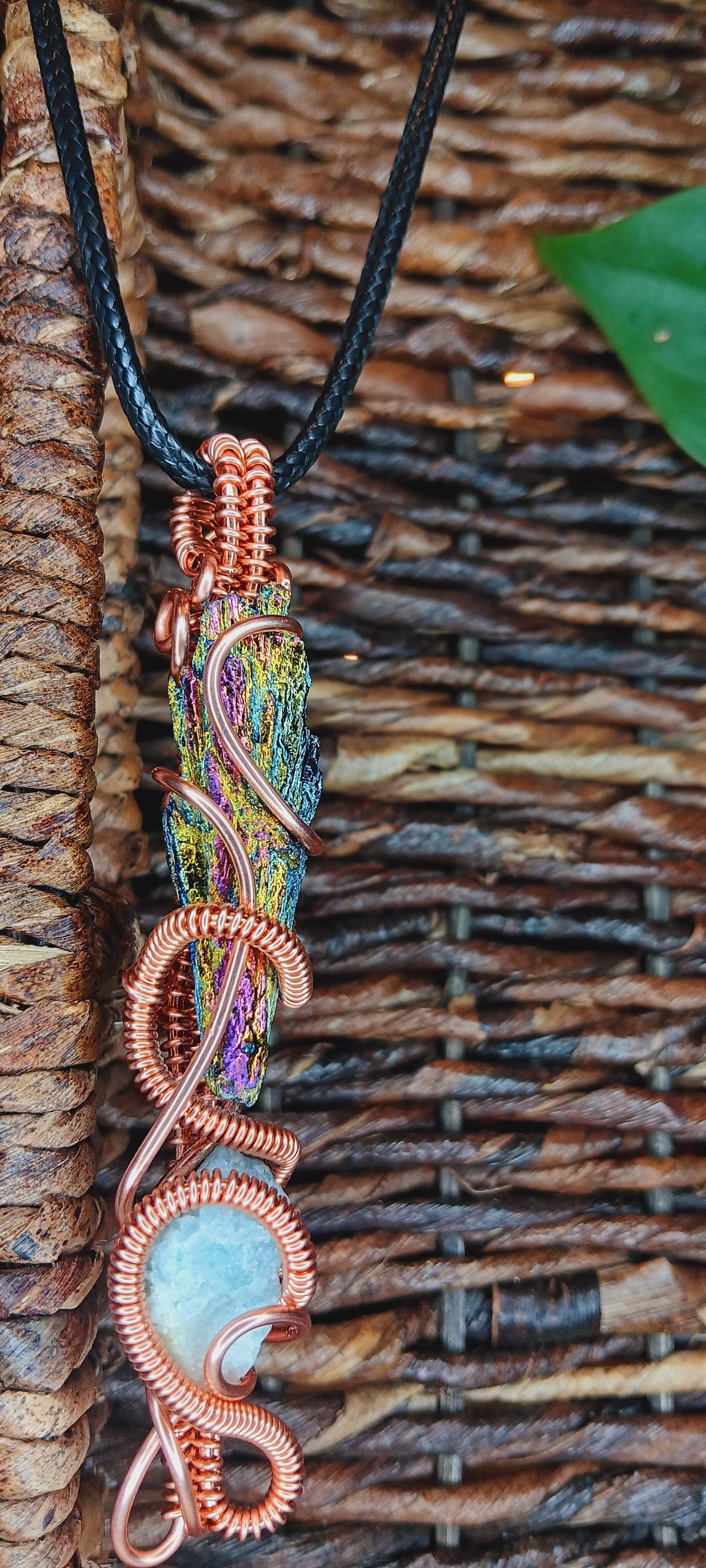 Copper Wire Wrapped Titanium Rainbow Aura and Black Kyanite Combination