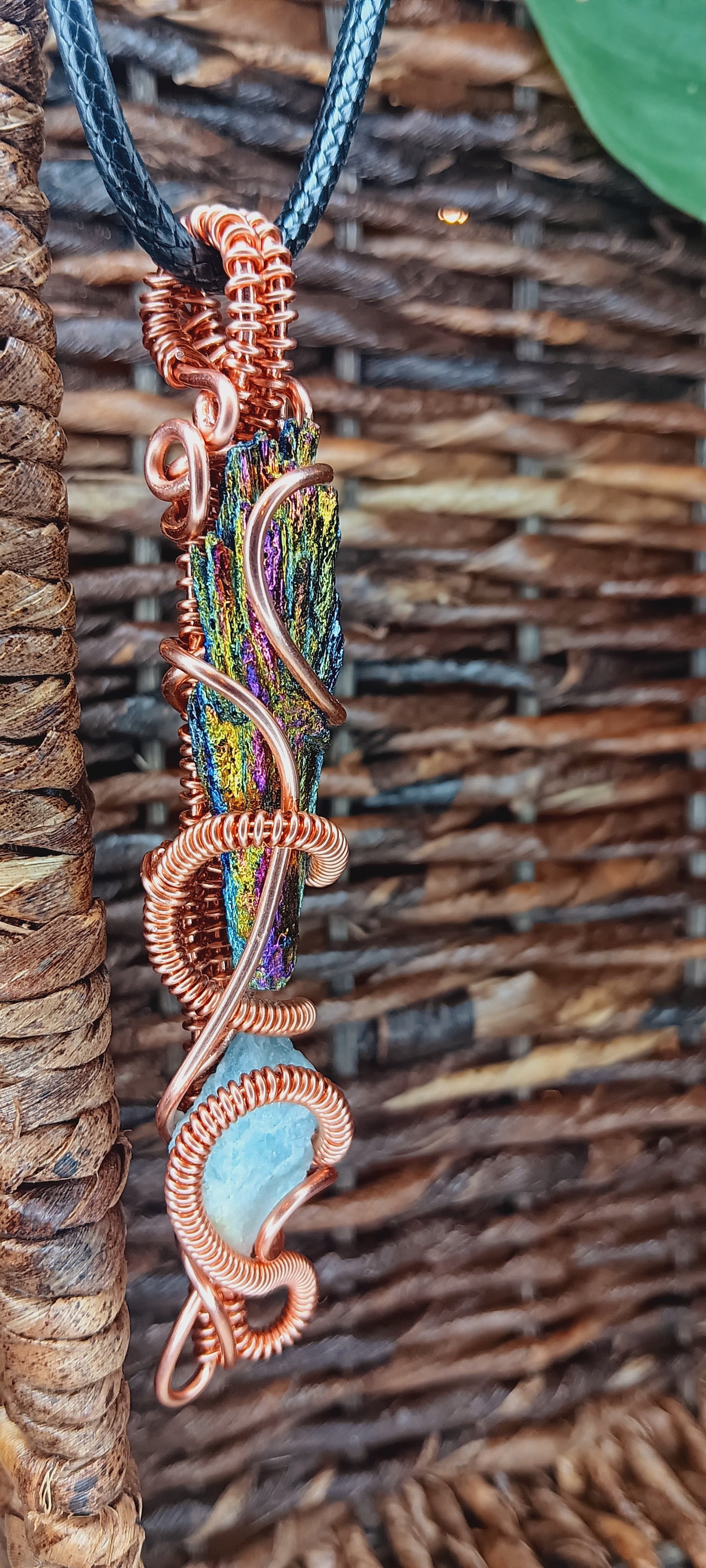 Copper Wire Wrapped Titanium Rainbow Aura and Black Kyanite Combination