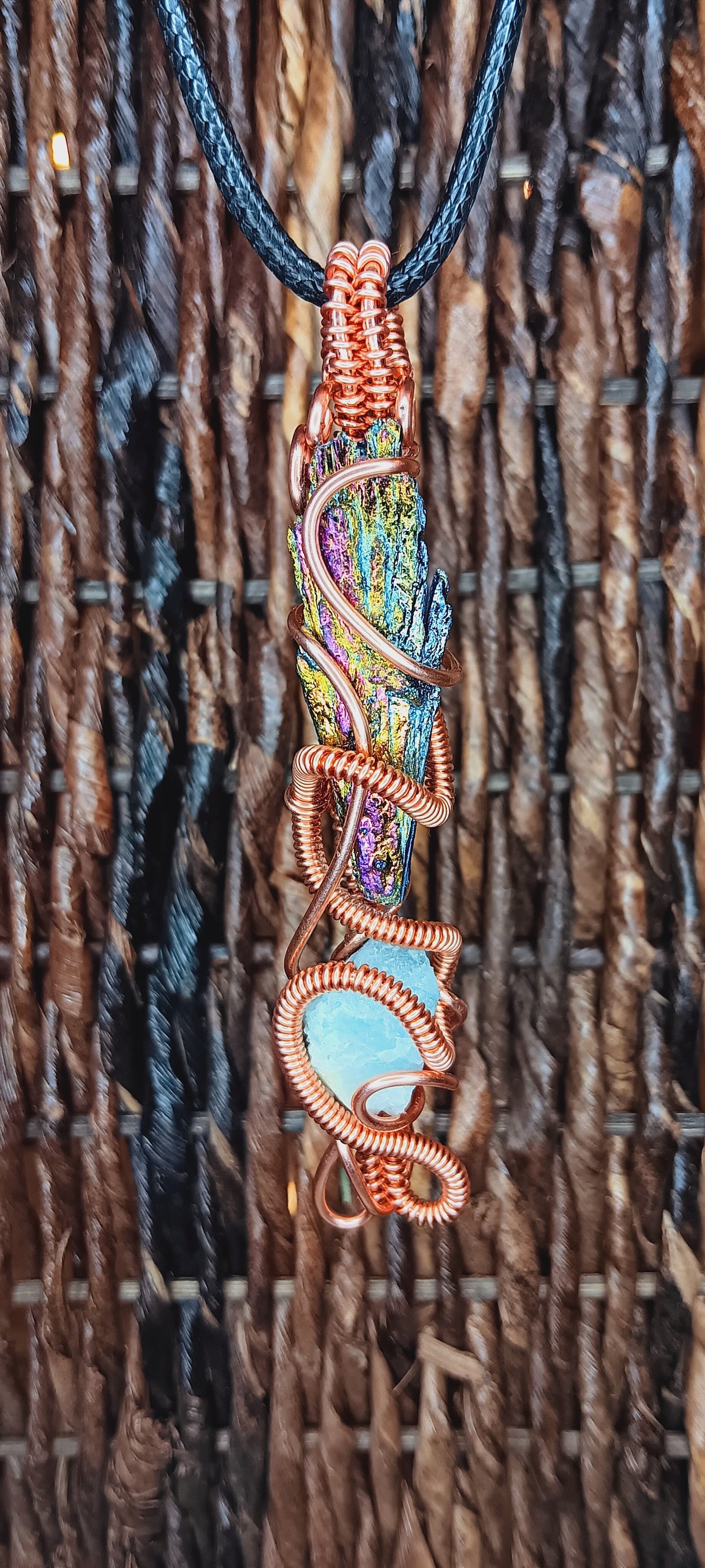 Copper Wire Wrapped Titanium Rainbow Aura and Black Kyanite Combination